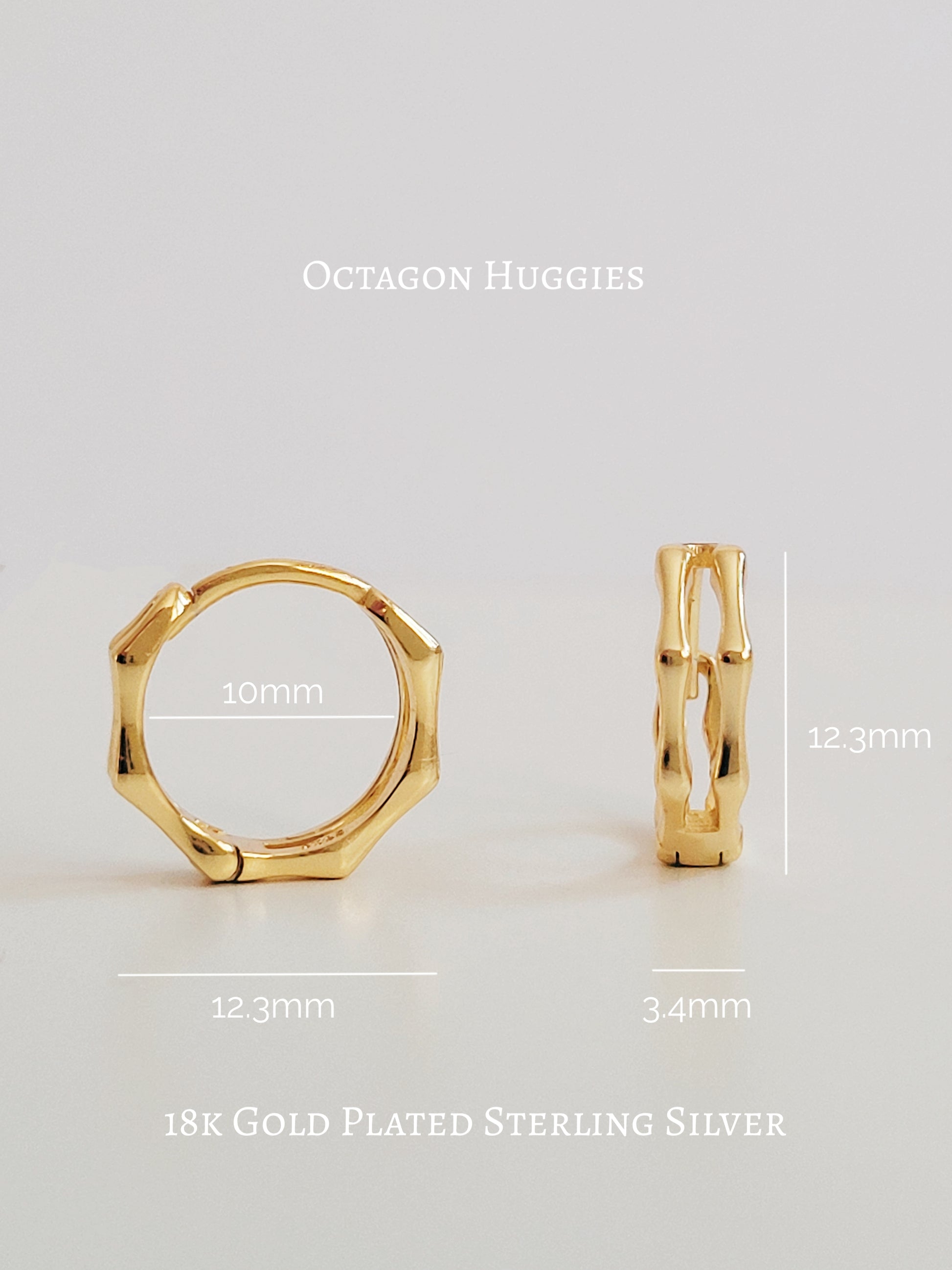 Close-up image of double hoop huggie earrings in octagon shape, featuring a minimalist gold geometric design, worn on an ear. Perfect for everyday wear.