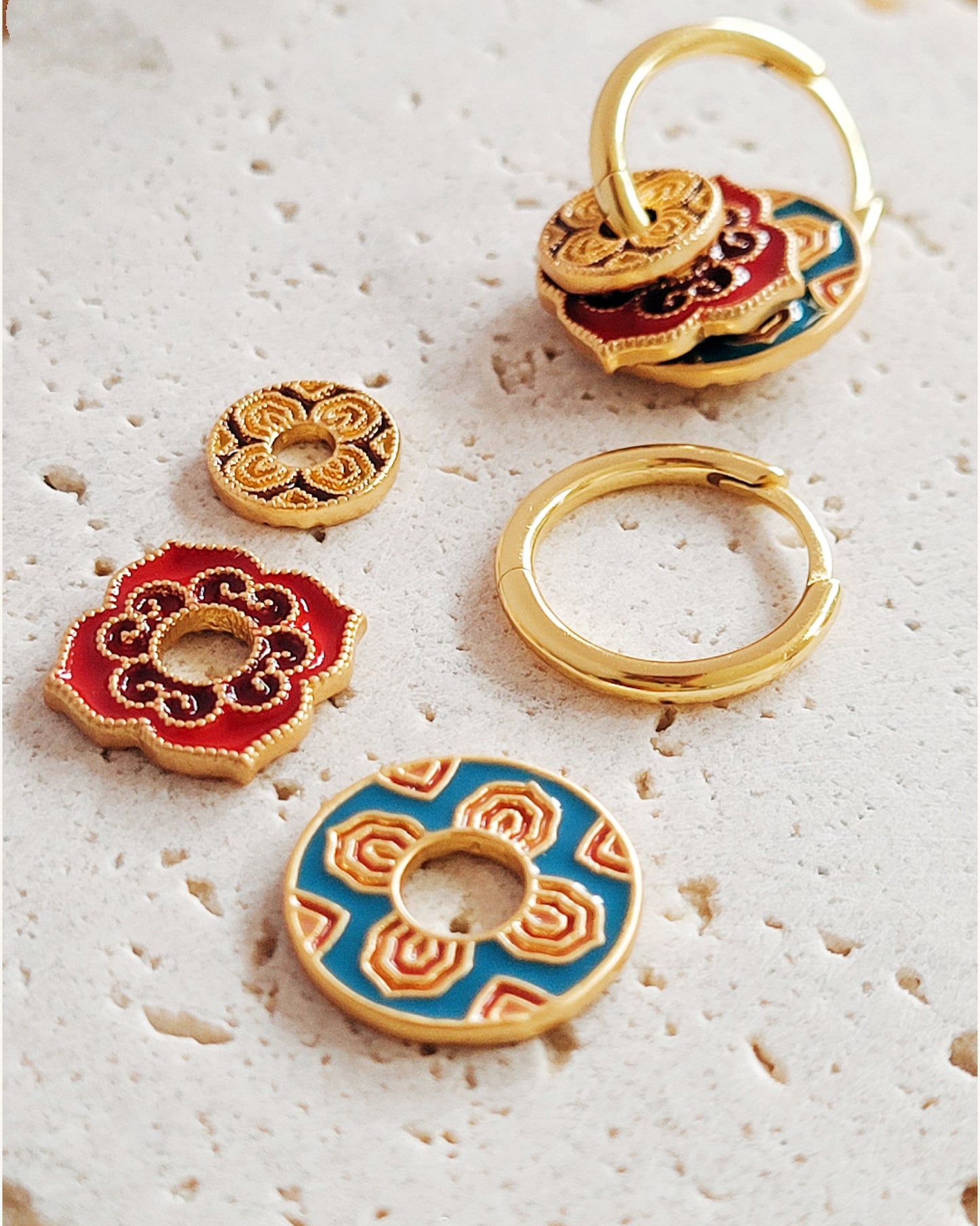 Enamel Disc Hoop Earrings | Retro Blue & Red Pattern