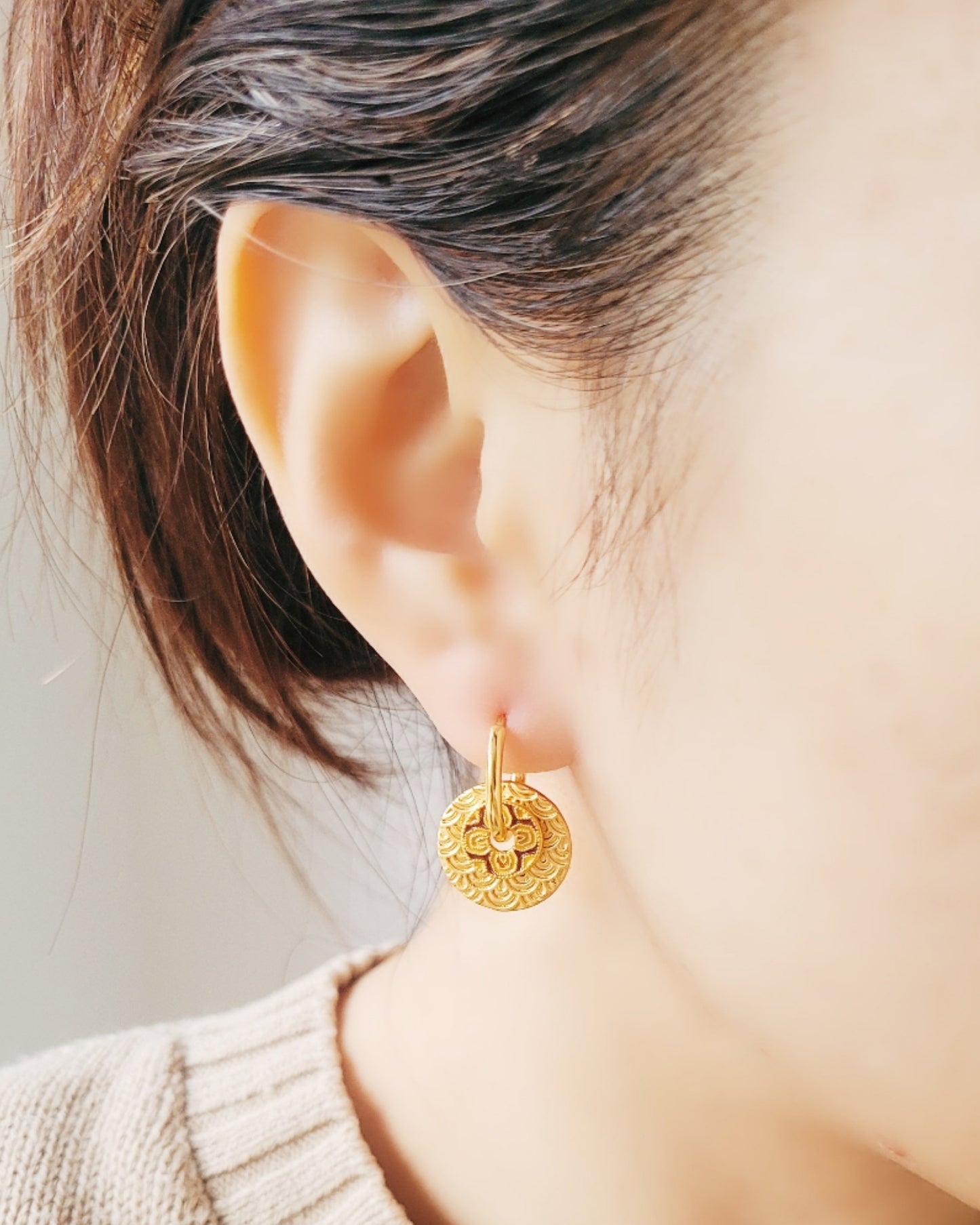 Enamel Disc Hoop Earrings | Retro Blue & Red Pattern