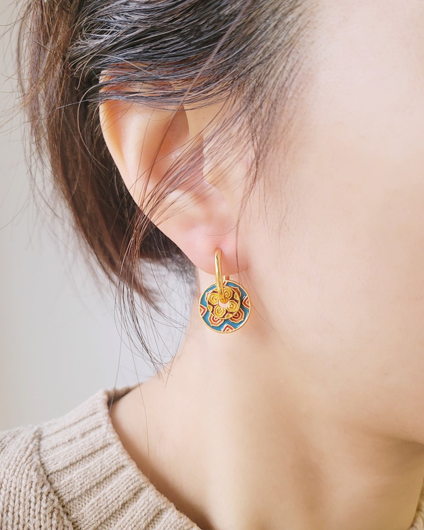 Enamel Disc Hoop Earrings | Retro Blue & Red Pattern