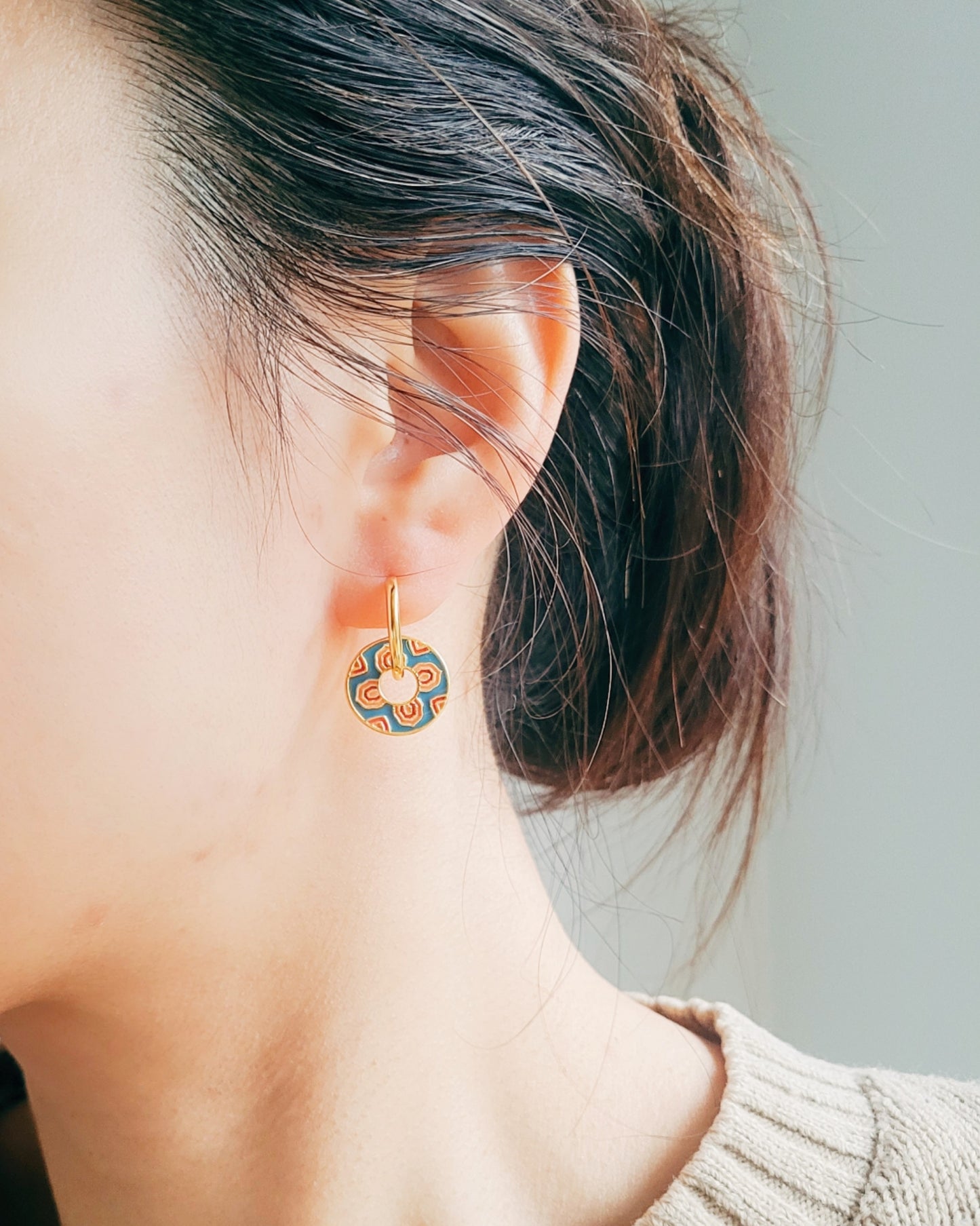 Enamel Disc Hoop Earrings | Retro Blue & Red Pattern