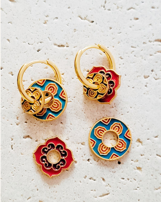 Enamel Disc Hoop Earrings | Retro Blue & Red Pattern