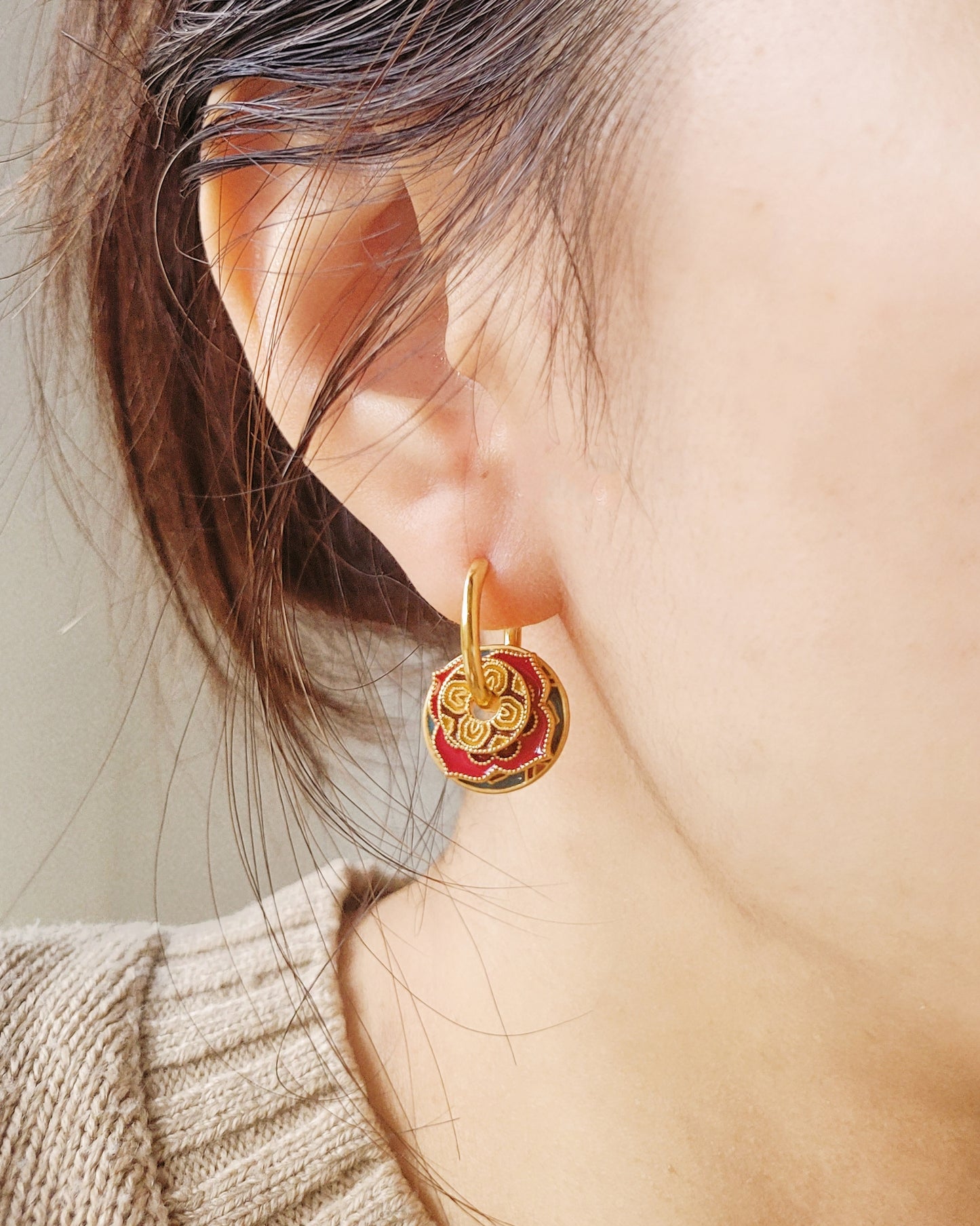 Enamel Disc Hoop Earrings | Retro Blue & Red Pattern
