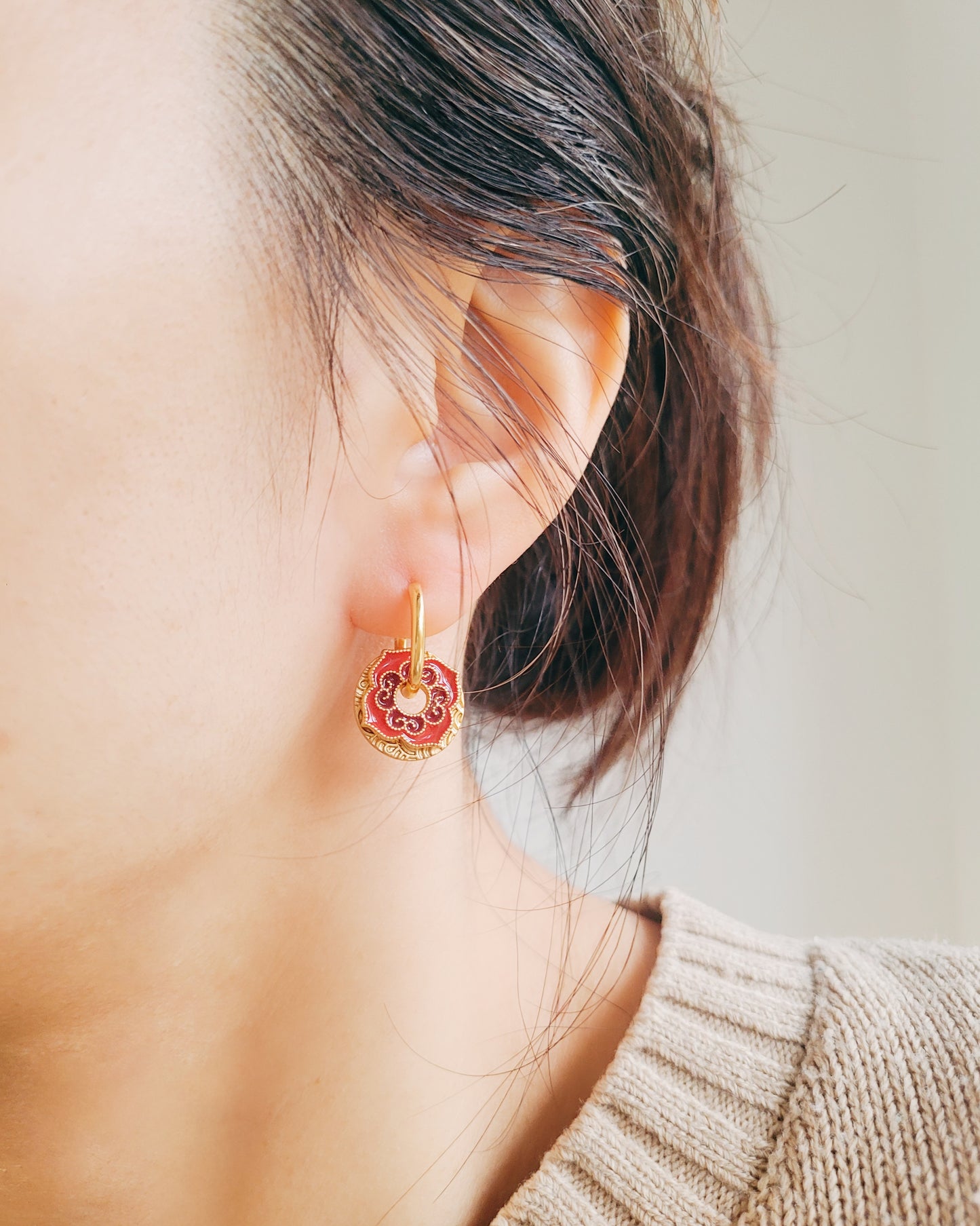 Enamel Disc Hoop Earrings | Retro Blue & Red Pattern