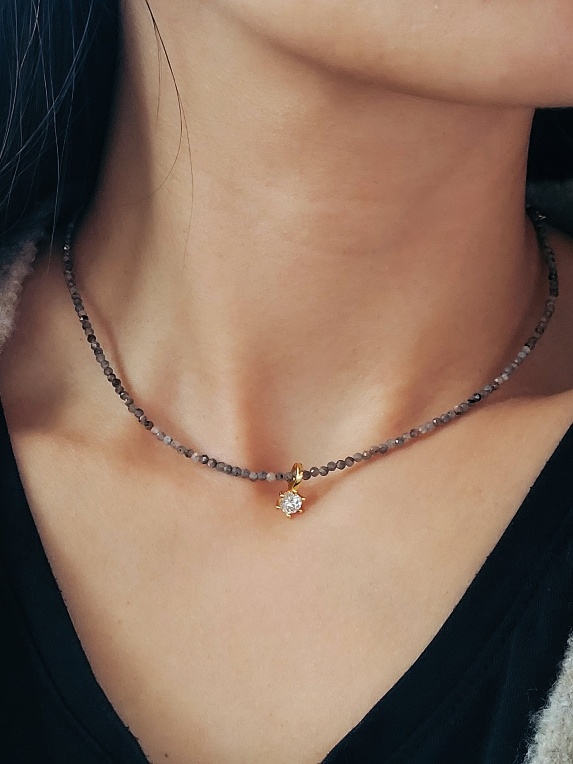 Labradorite necklace with detachable diamond charm, perfect for elegant everyday wear or layering.