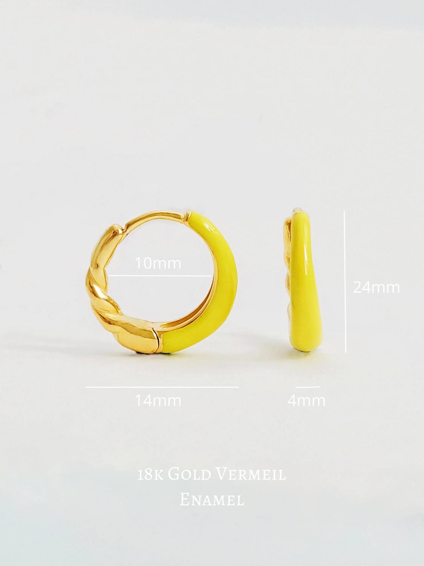 Yellow hoop earrings with size measurements on a light gray background