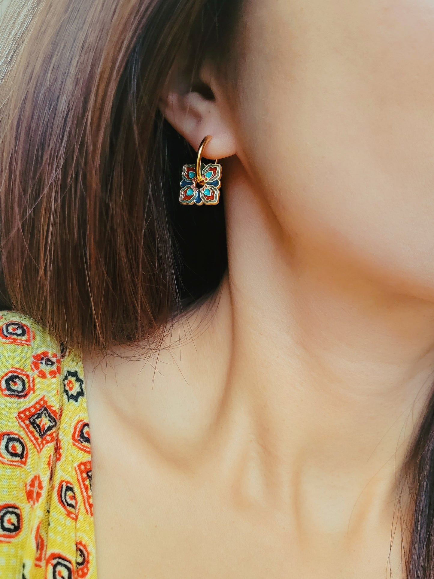 Enamel Discs Earrings | Brown Square Flower Pattern