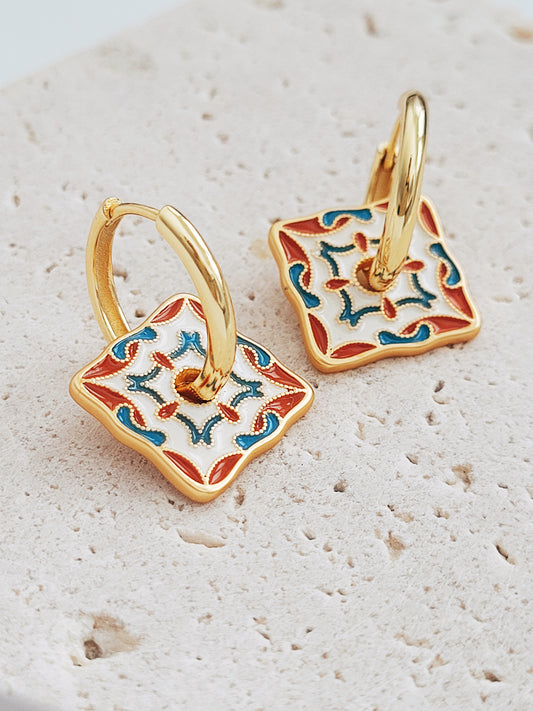 Retro Tile Pattern Enamel Earrings