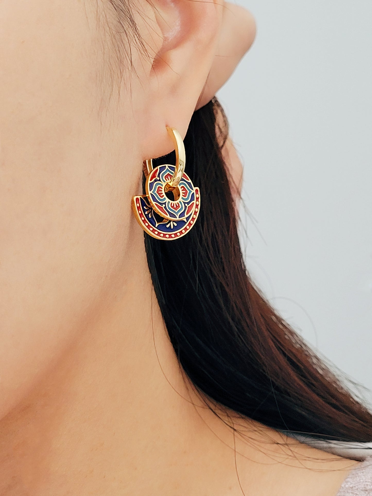 Enamel Tile Pattern Earrings | Retro Blue & Red Pattern