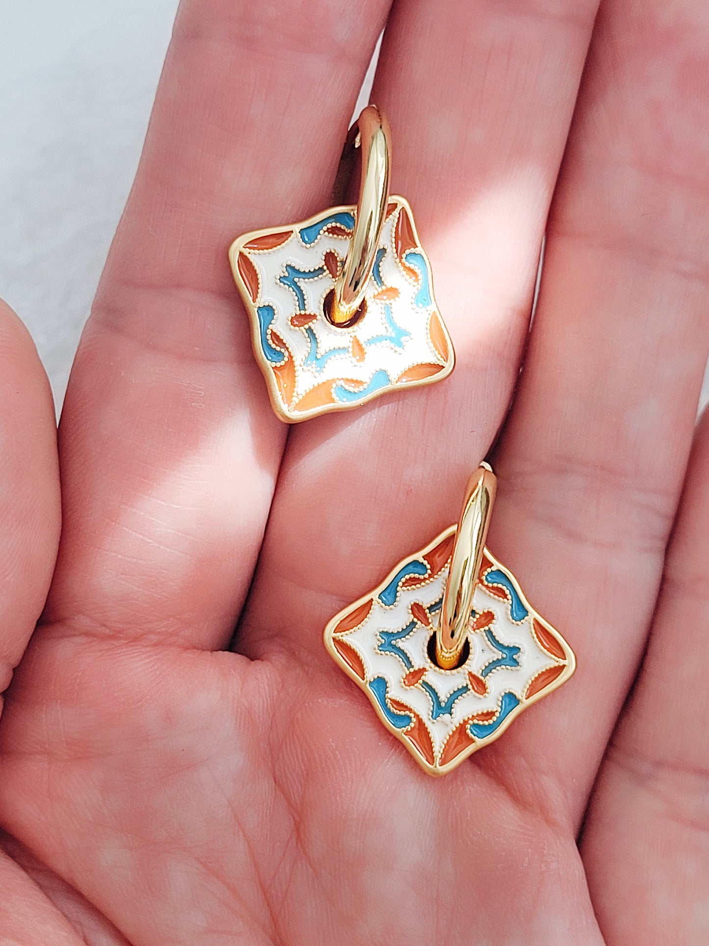 Retro Tile Pattern Enamel Earrings