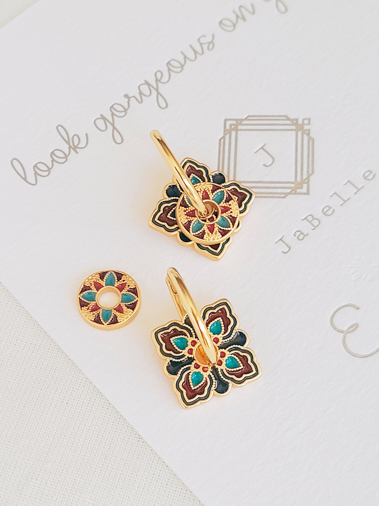 Enamel Discs Earrings | Brown Square Flower Pattern