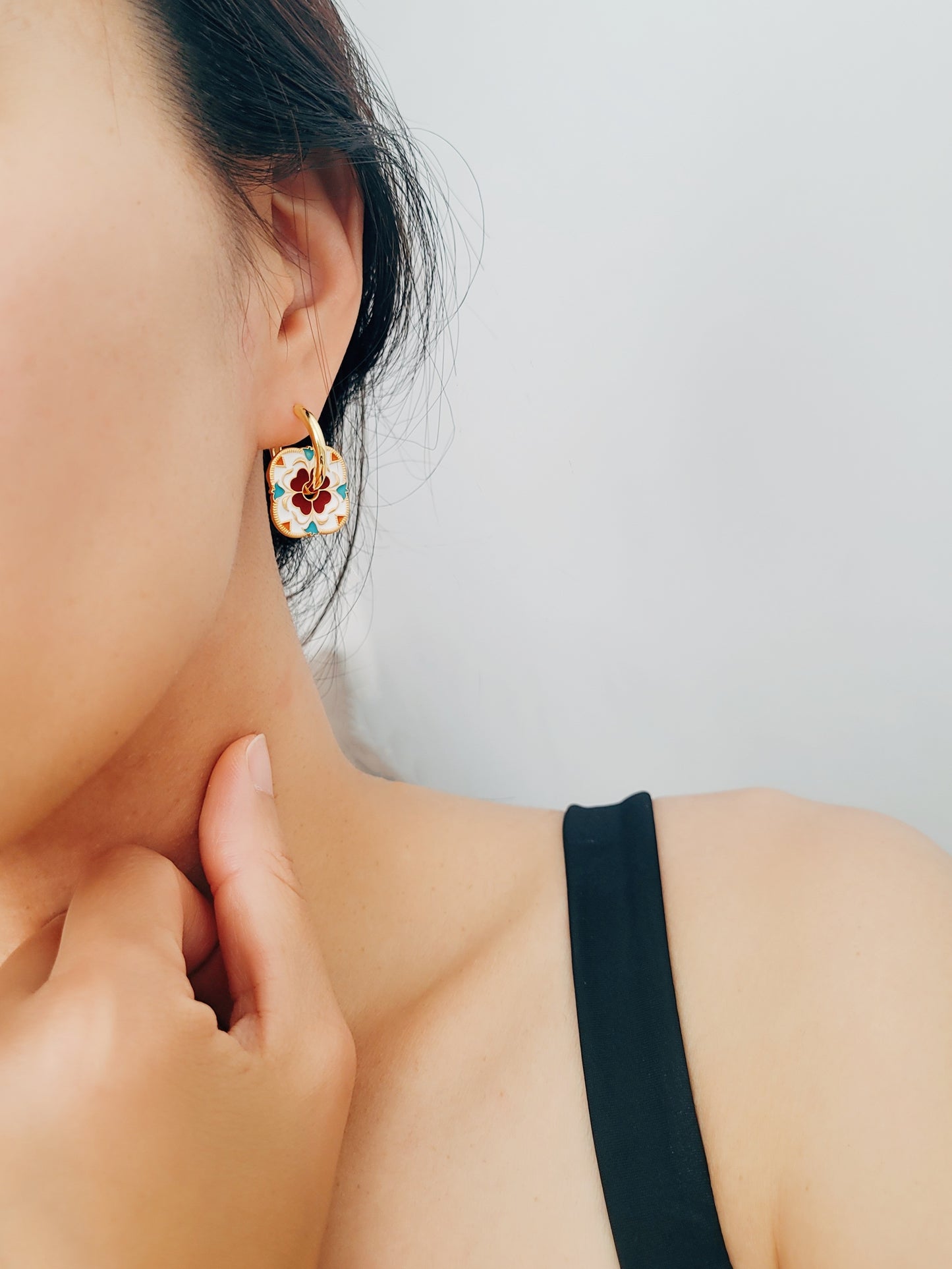Retro Tile Flower Hoop Earrings