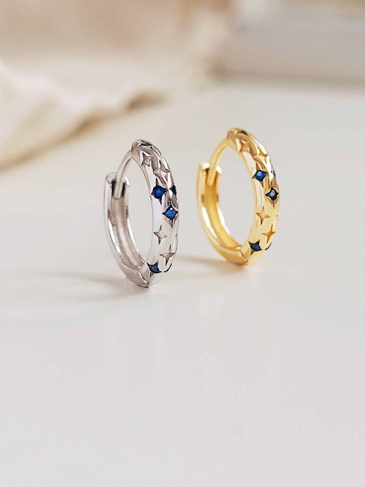 Sapphire Blue Star Huggie Earrings