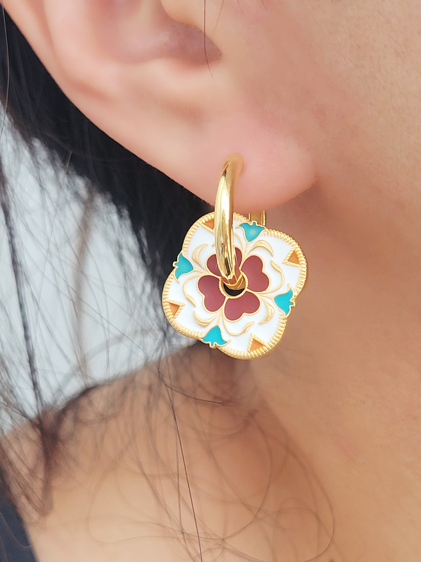 Retro Tile Flower Hoop Earrings