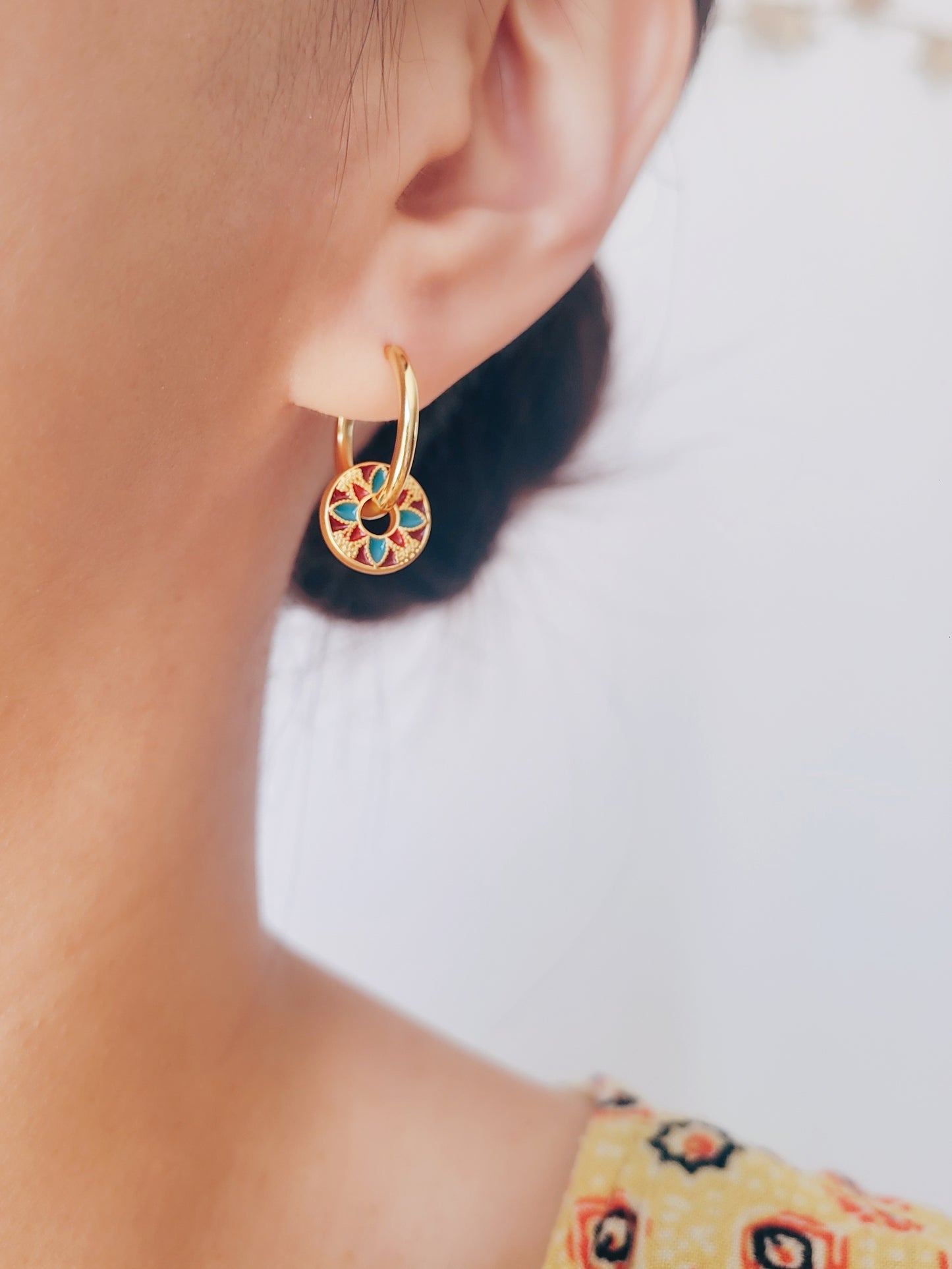 Enamel Discs Earrings | Brown Square Flower Pattern