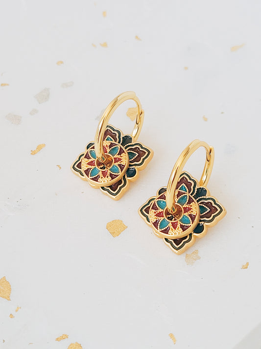 Enamel Discs Earrings | Brown Square Flower Pattern