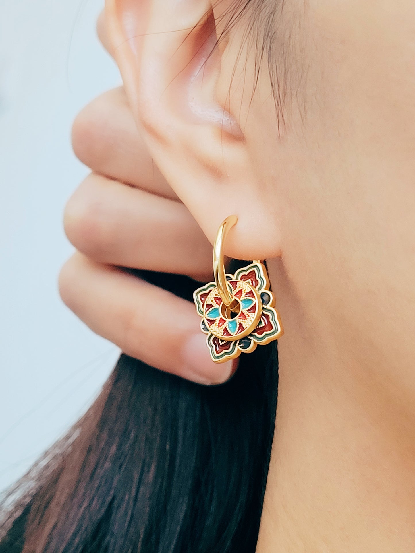 Enamel Discs Earrings | Brown Square Flower Pattern