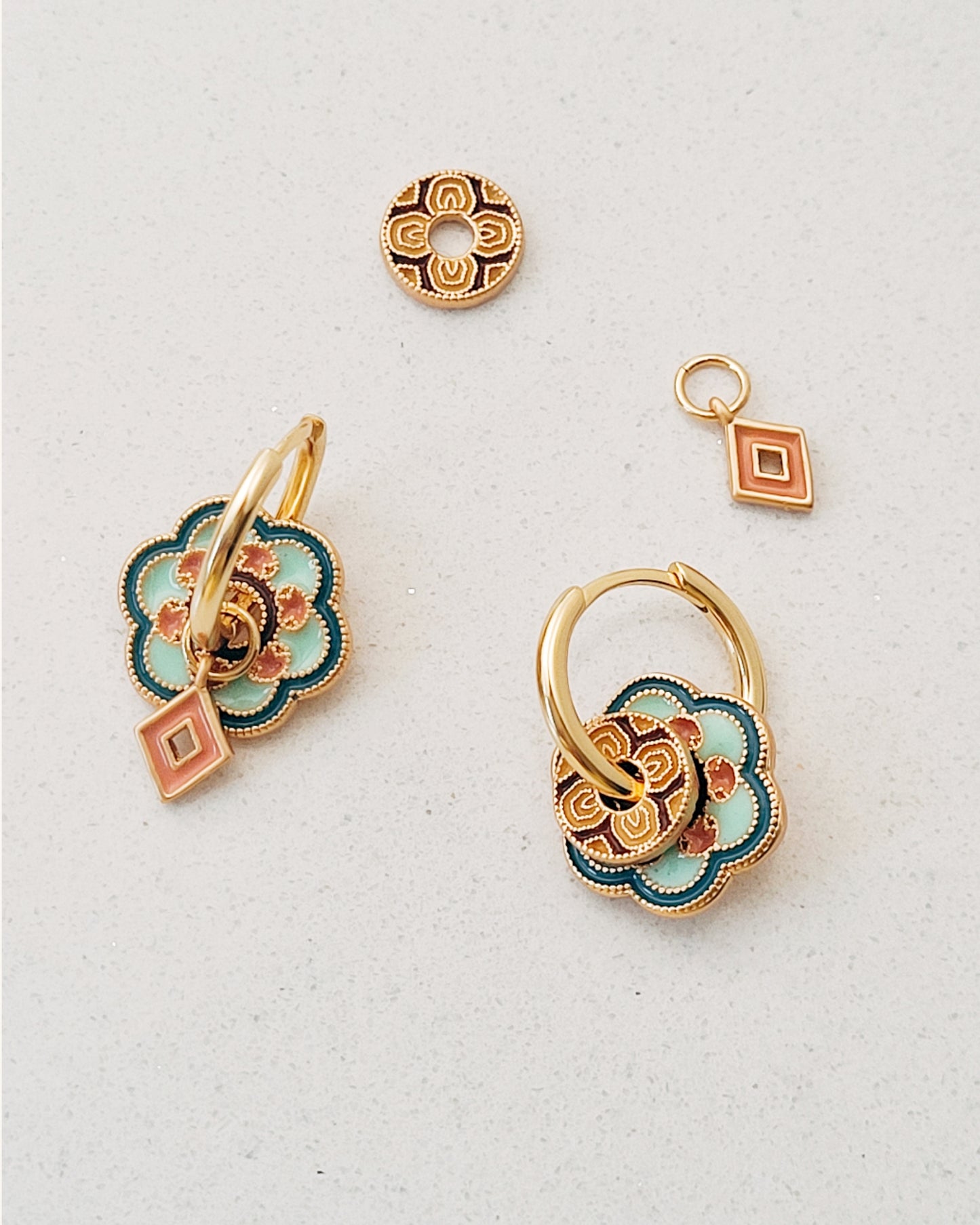 Green Flower Enamel Disc Earrings