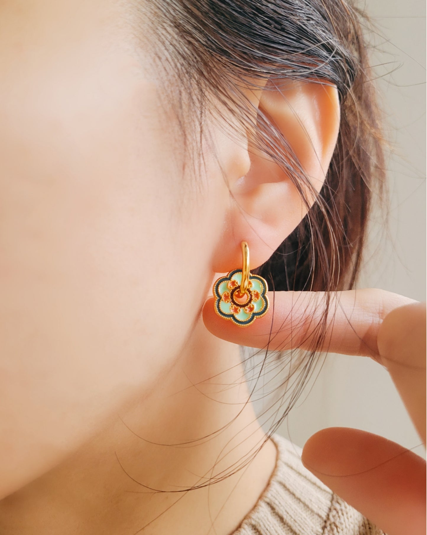 Green Flower Enamel Disc Earrings