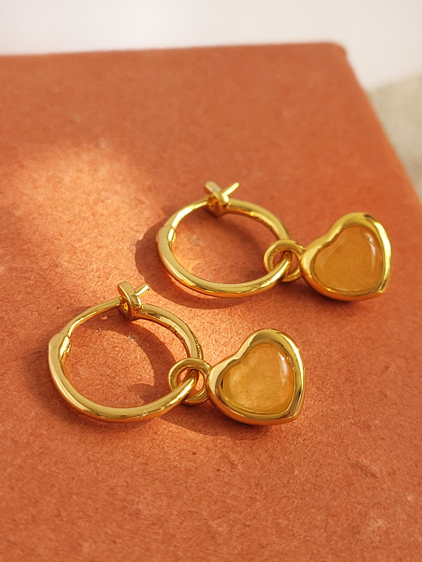 Dainty heart dangle earrings crafted in yellow quartz crystal gemstone and 18k gold vermeil. Perfect birthday gift for her.