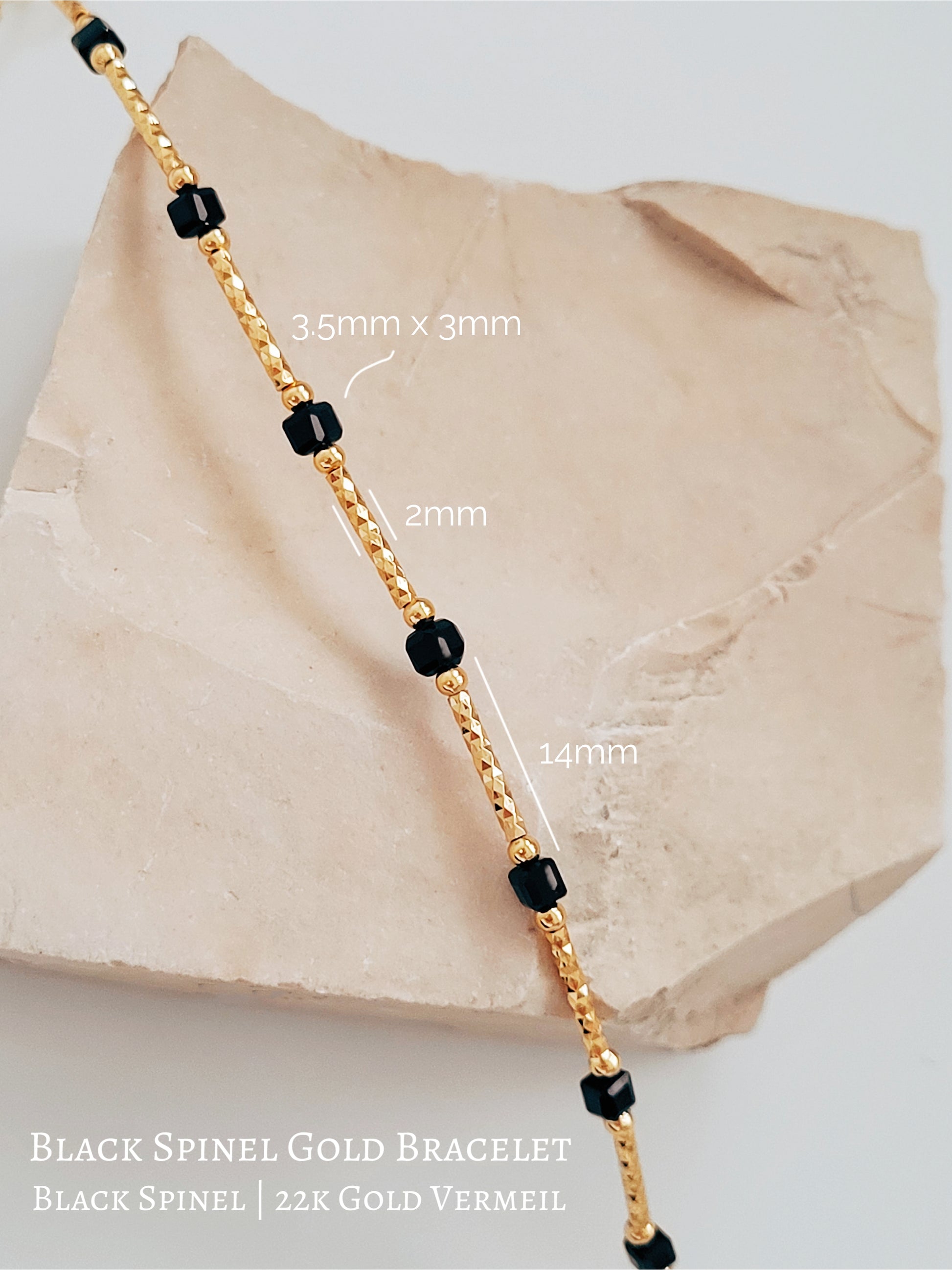 Close-up of a vintage-inspired Black tourmaline Bracelet featuring faceted black beads and textured gold vermeil bars on a wrist. Delicate and dainty bracelet gift for her.