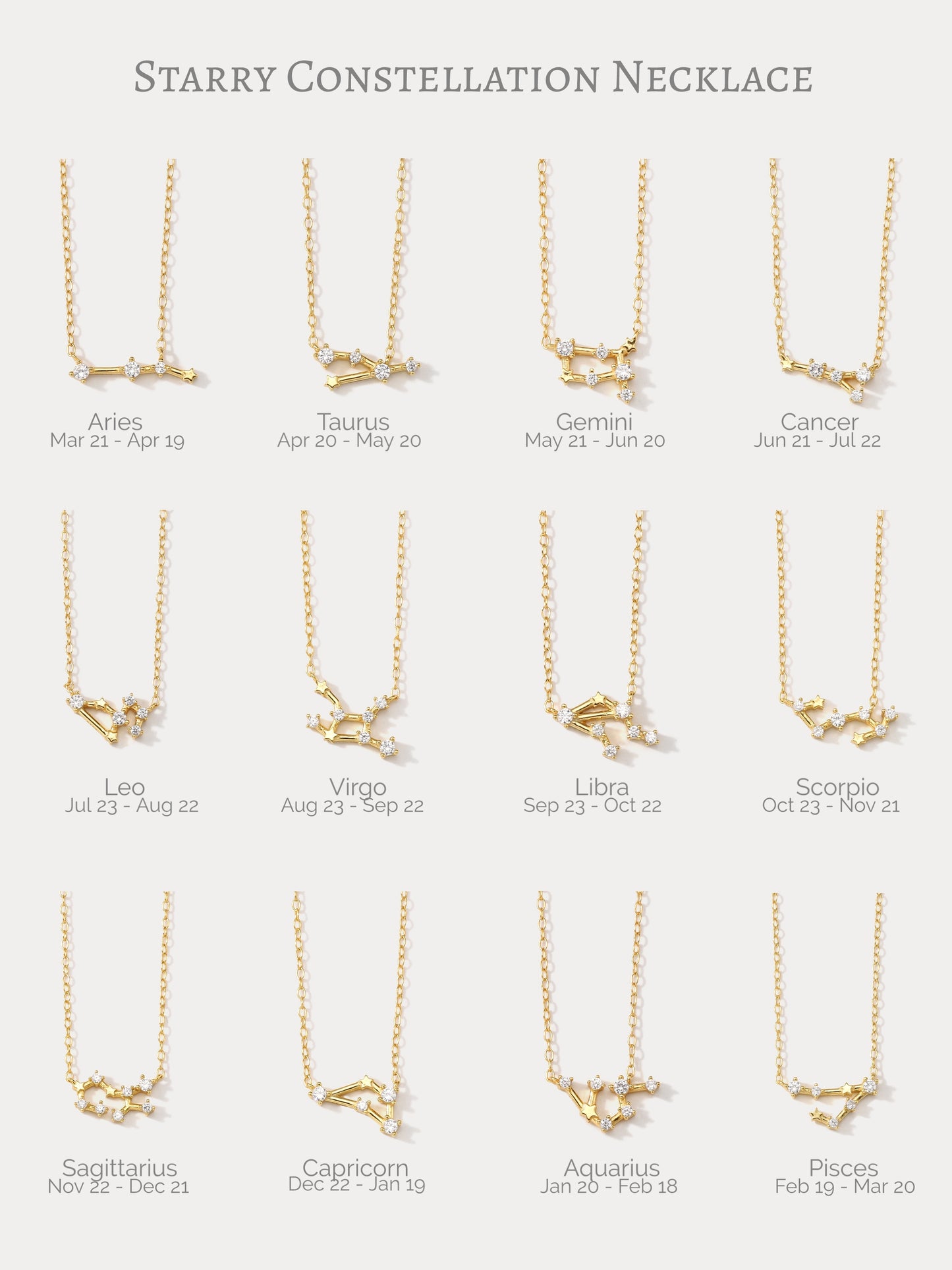 Collection of 12 constellation necklaces, crafted in gold plated sterling silver. Best birthday gift for her.
