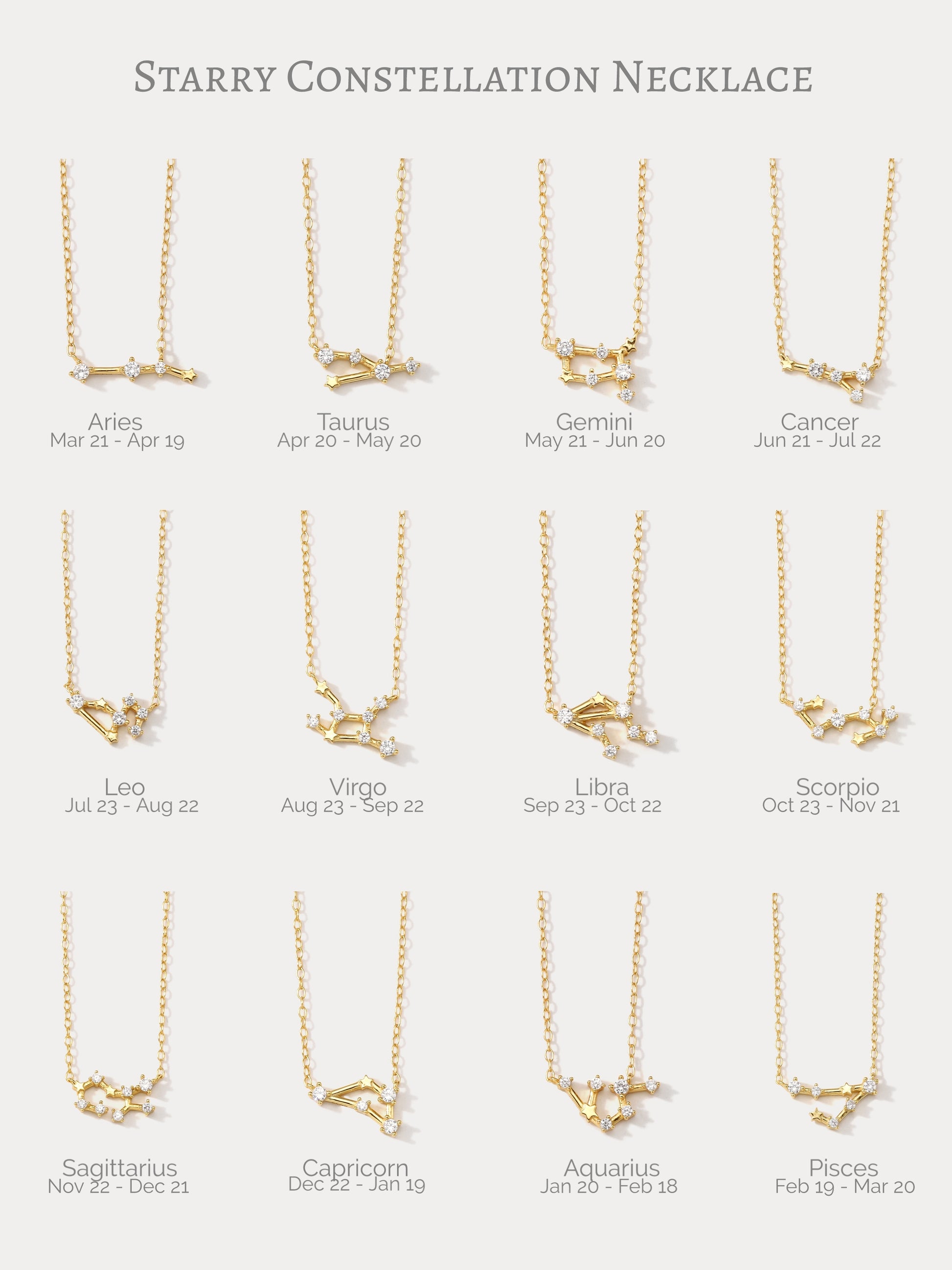 Collection of 12 constellation necklaces, crafted in gold plated sterling silver. Best birthday gift for her.