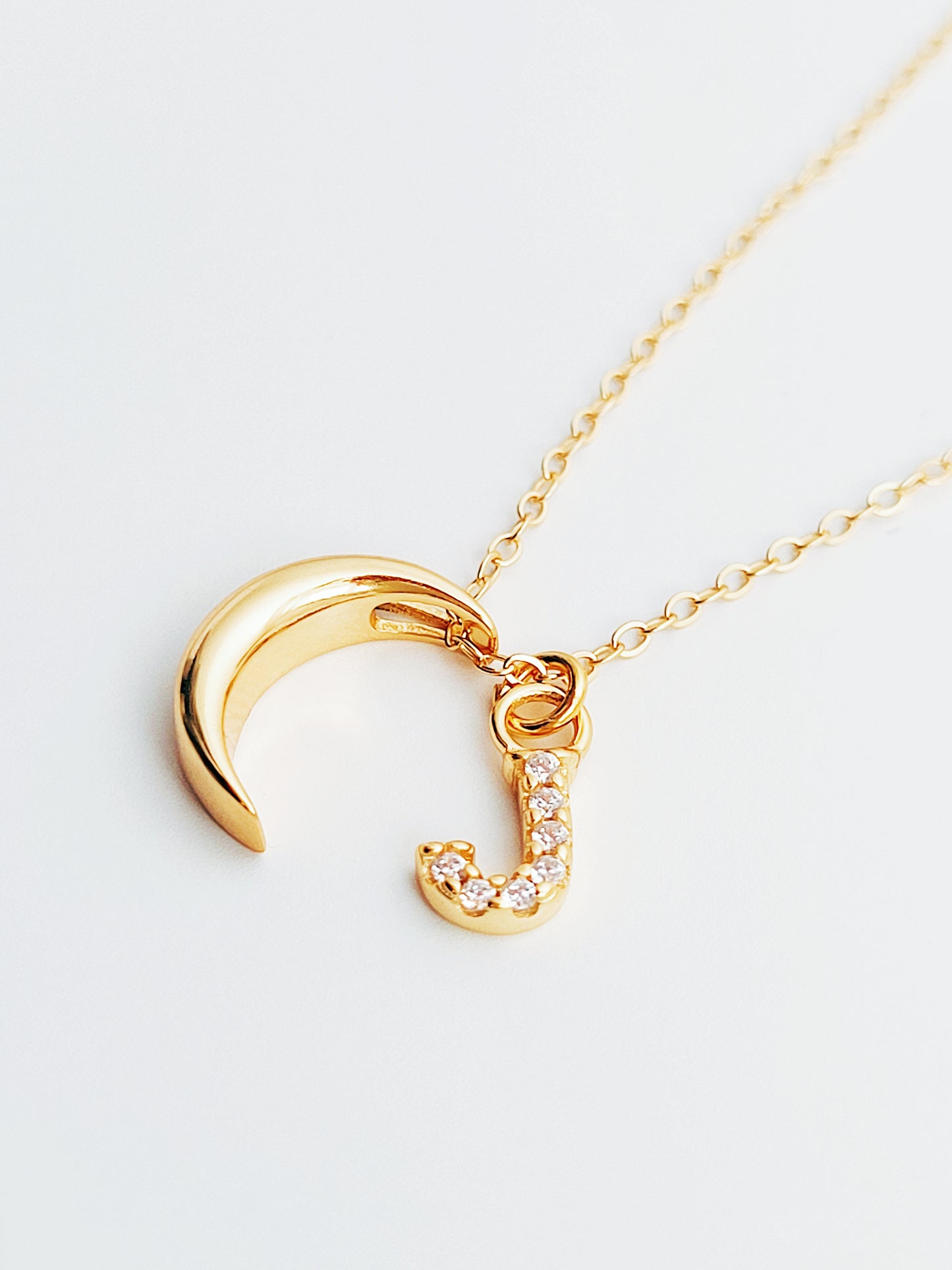 Personalised gold plated crescent initial charm necklace. Crafted in 18k gold vermeil, best valentines day gift for her.