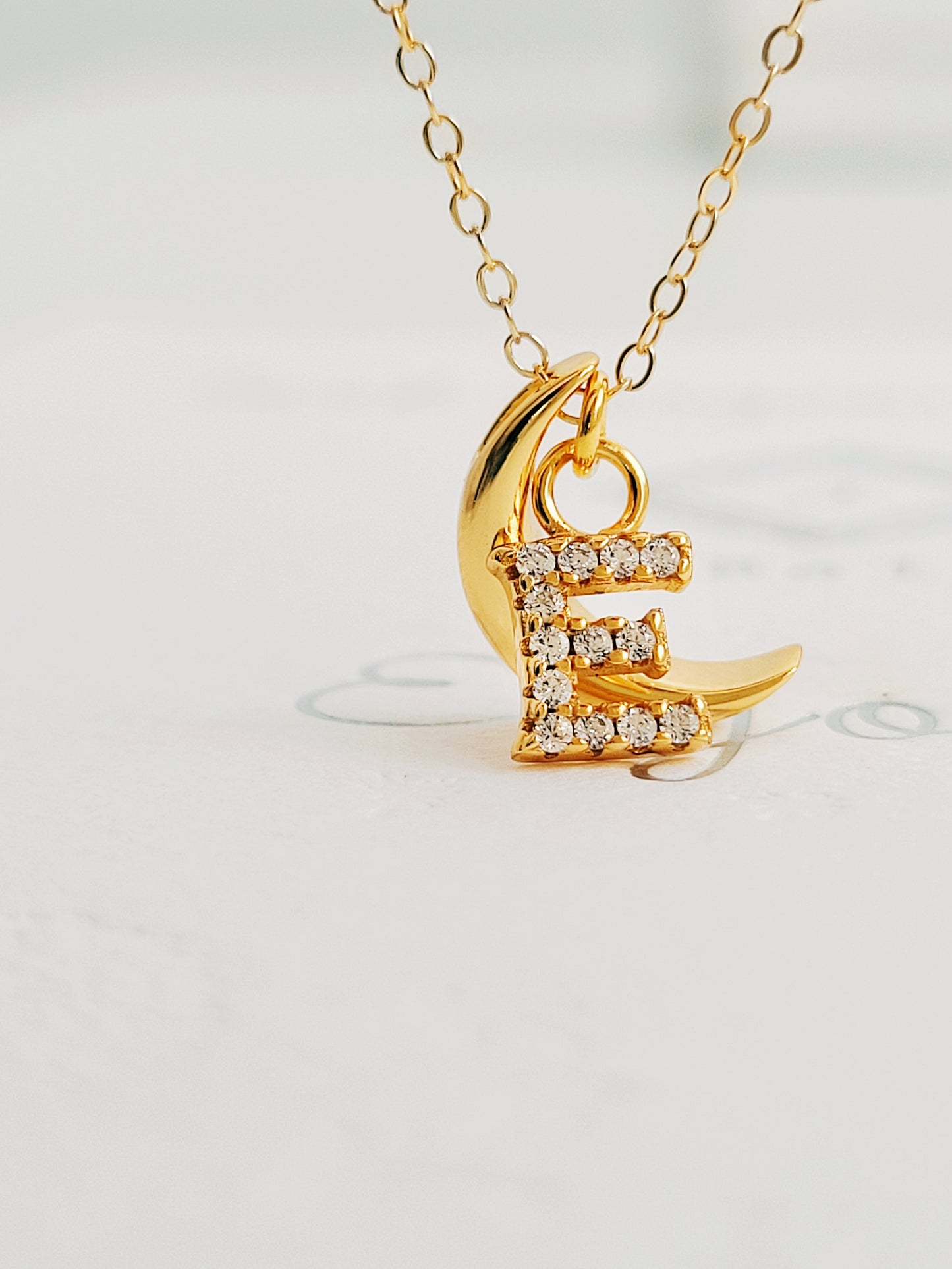 Personalised gold plated crescent initial charm necklace. Crafted in 18k gold vermeil, best valentines day gift for her.