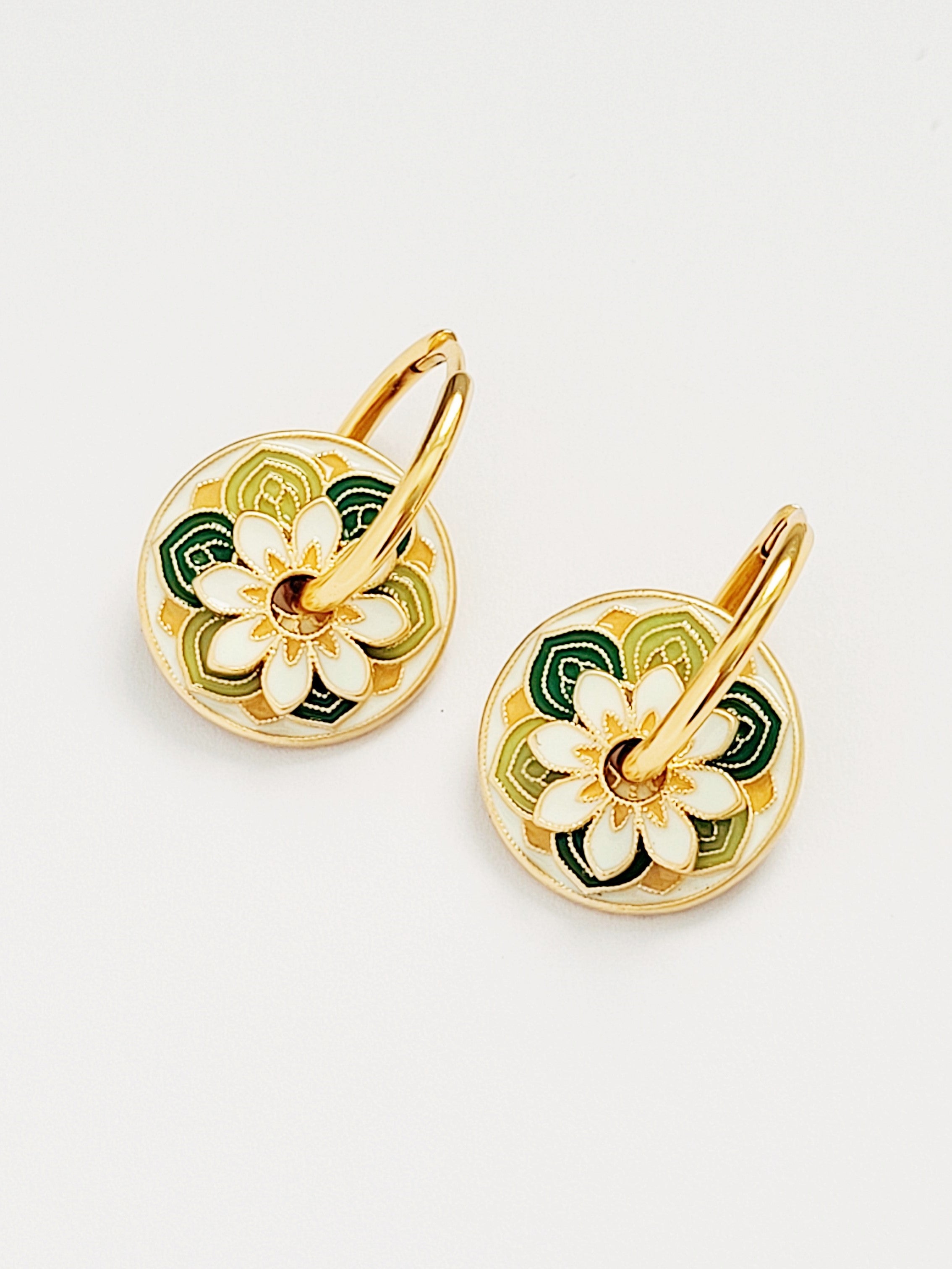 Daisy Flower Enamel Disc Hoop Earrings