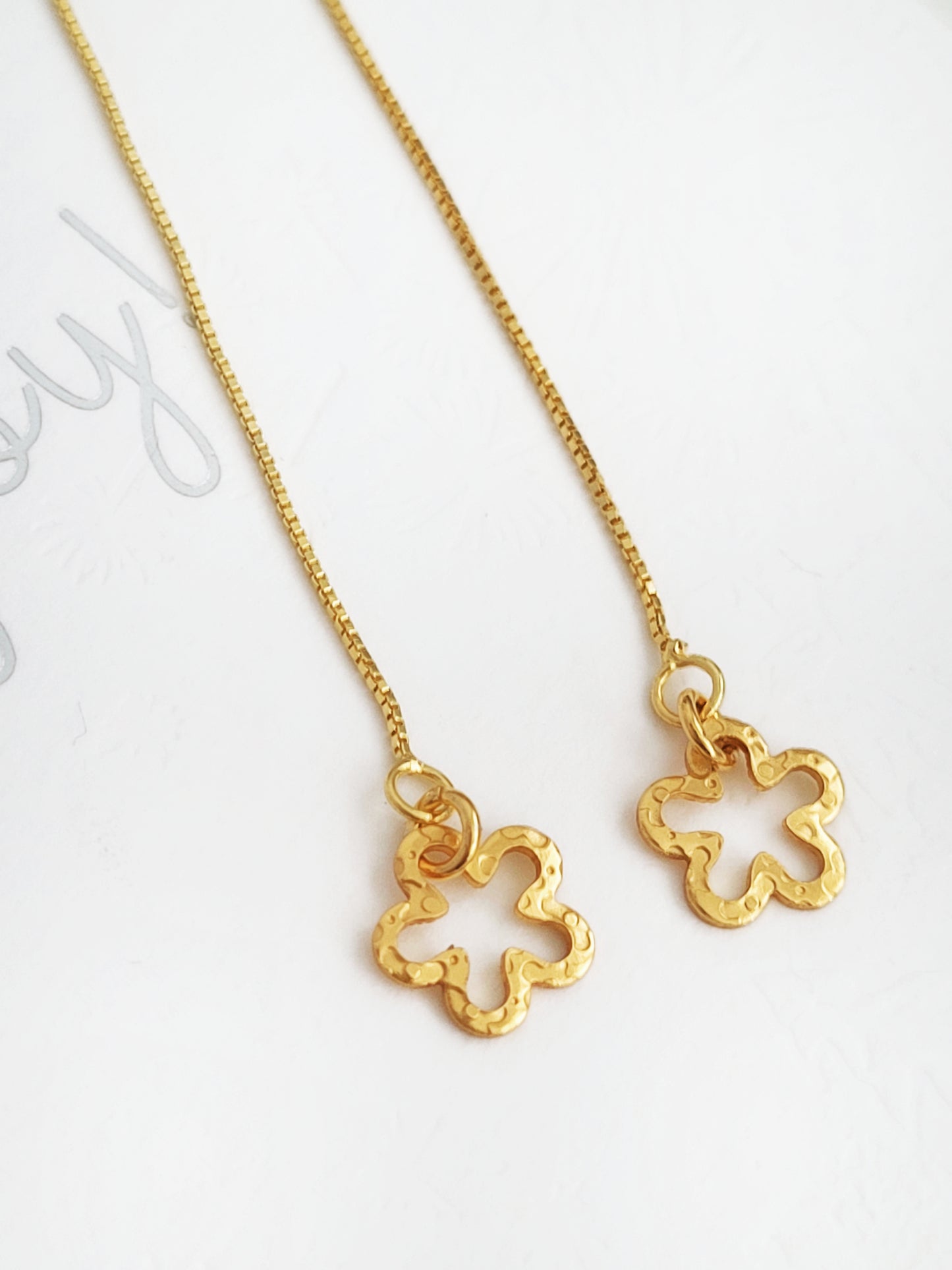 Gold flower threader earrings in gold plated sterling silver, dainty minimalist drop earrings