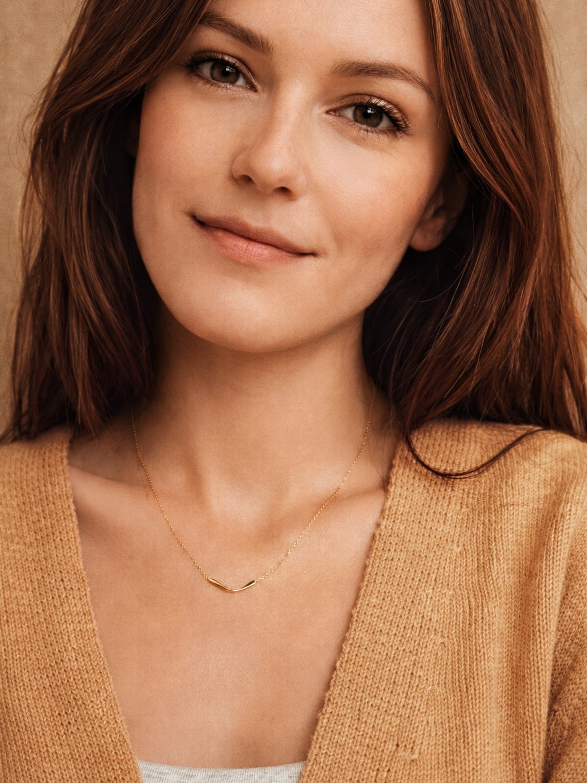 Woman wearing a dainty gold necklace featuring a curve bar pendant against a neutral background