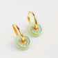 Gold Enamel Hoop Earrings, Green Dangle and Blue Enamel Charm