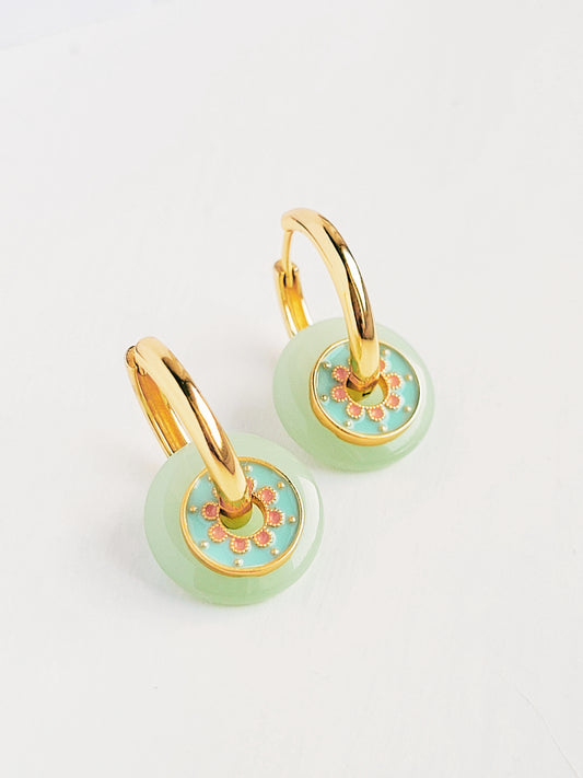 Gold Enamel Hoop Earrings, Green Dangle and Blue Enamel Charm