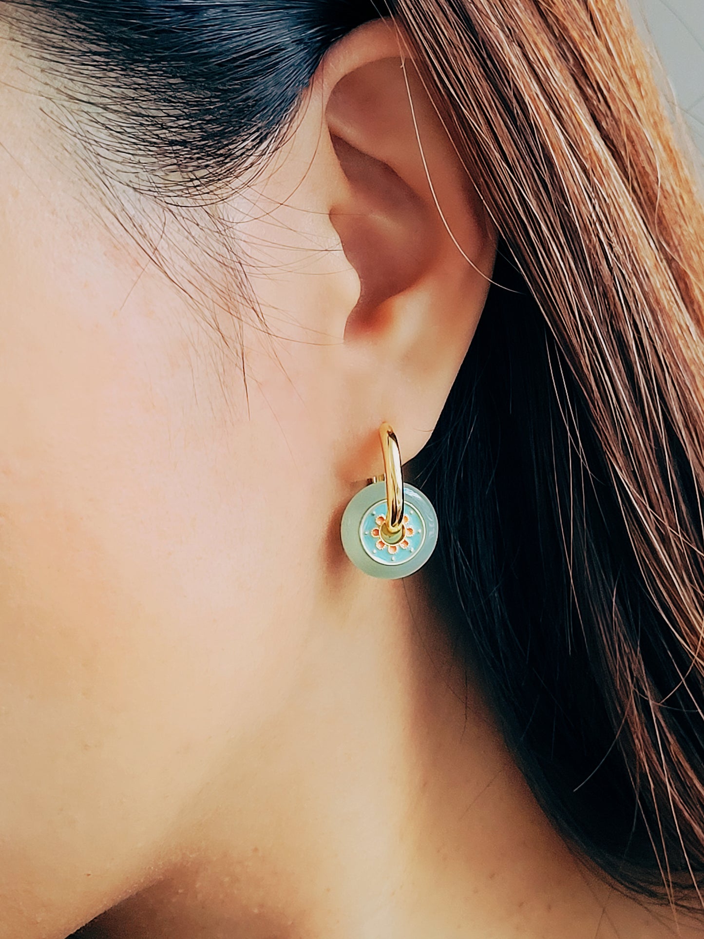 Gold Enamel Hoop Earrings, Green Dangle and Blue Enamel Charm