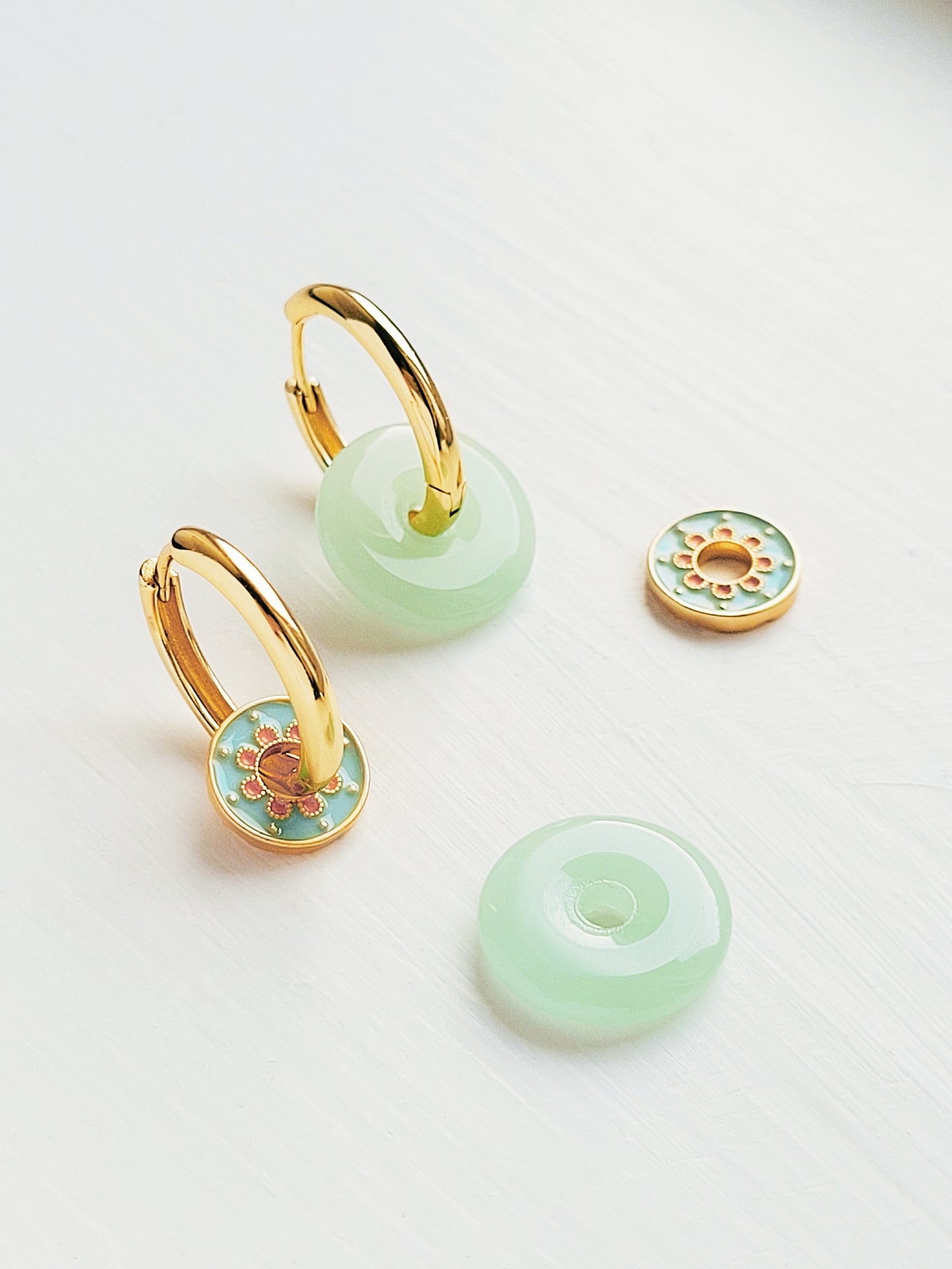 Gold Enamel Hoop Earrings, Green Dangle and Blue Enamel Charm