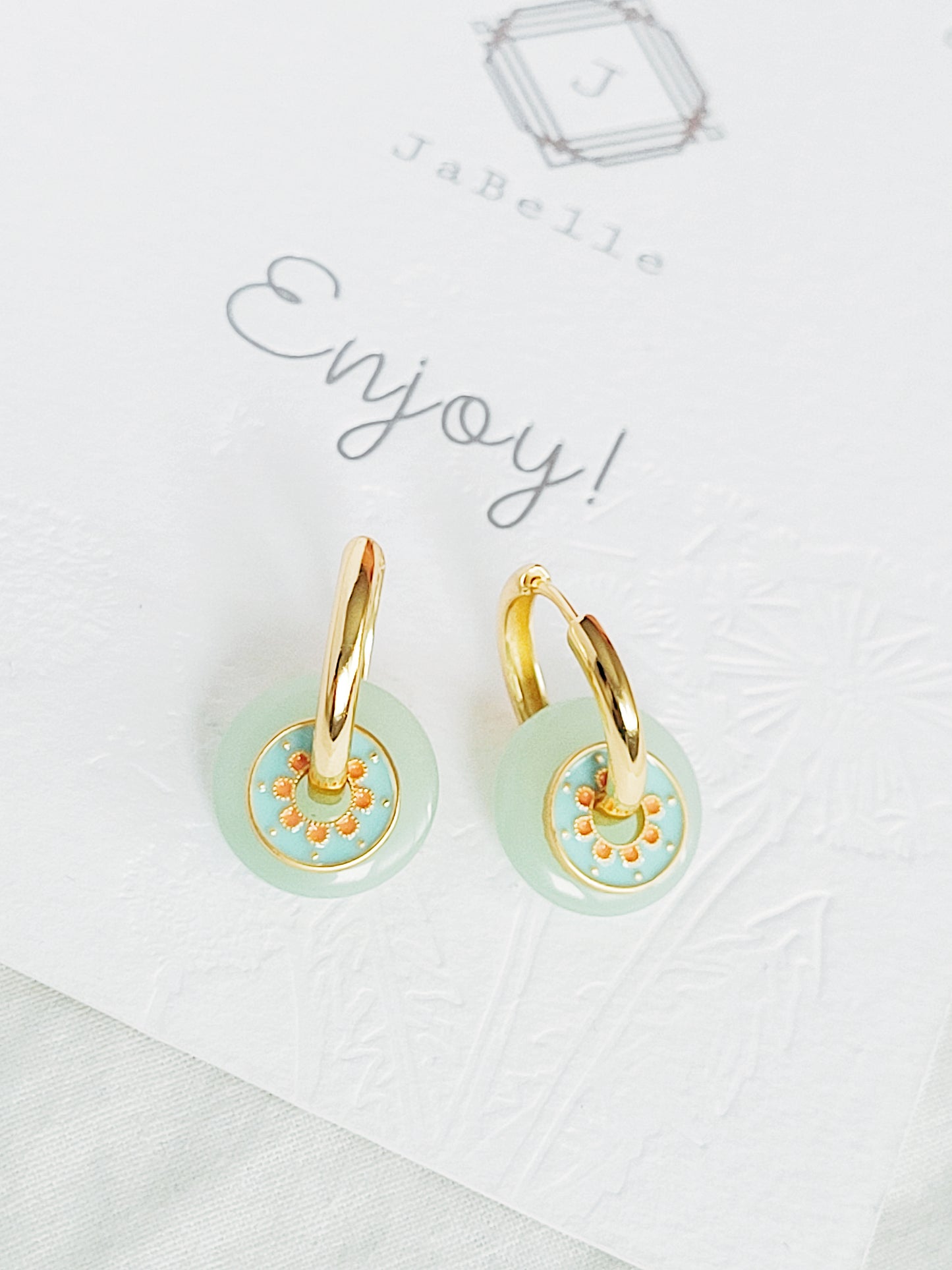 Gold Enamel Hoop Earrings, Green Dangle and Blue Enamel Charm