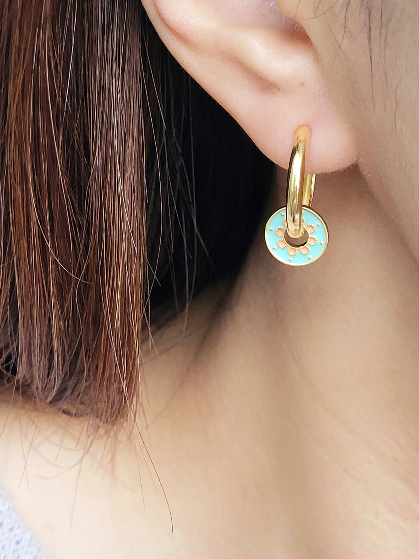 Gold Enamel Hoop Earrings, Green Dangle and Blue Enamel Charm