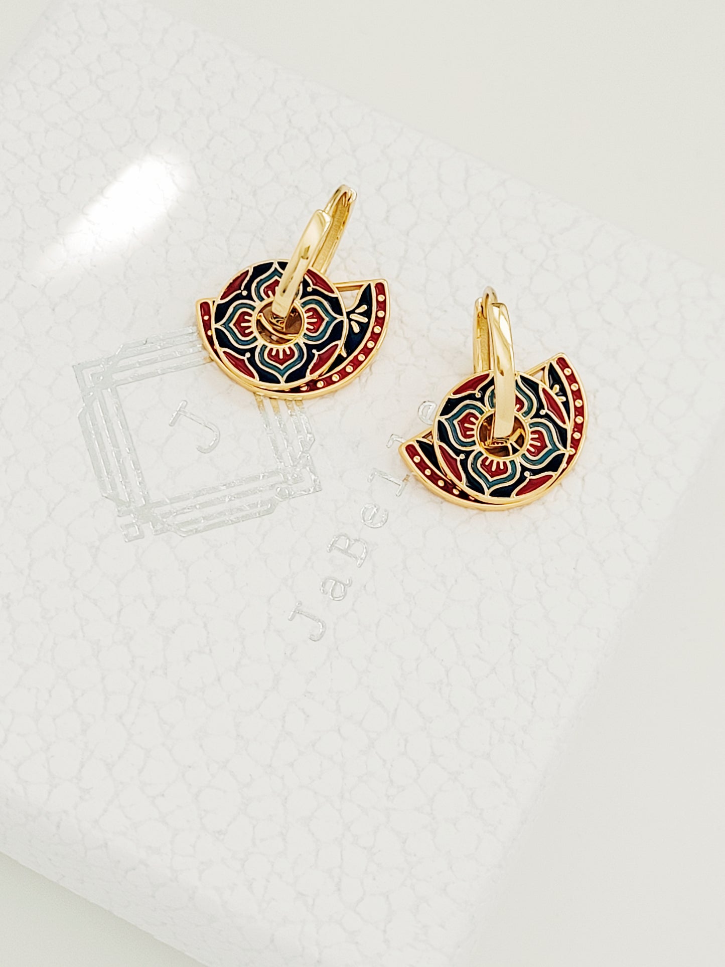 Enamel Tile Pattern Earrings | Retro Blue & Red Pattern