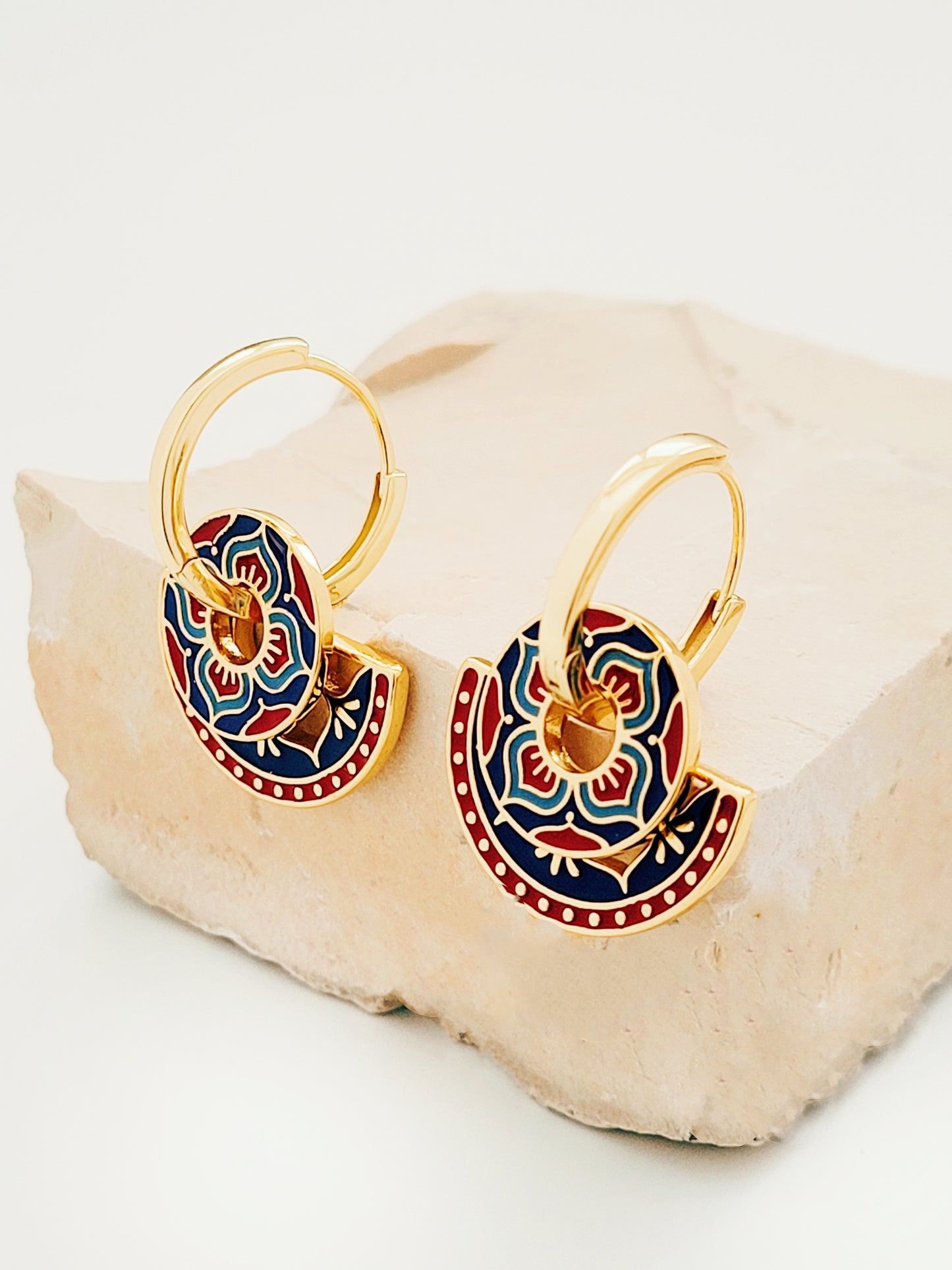 Enamel Tile Pattern Earrings | Retro Blue & Red Pattern