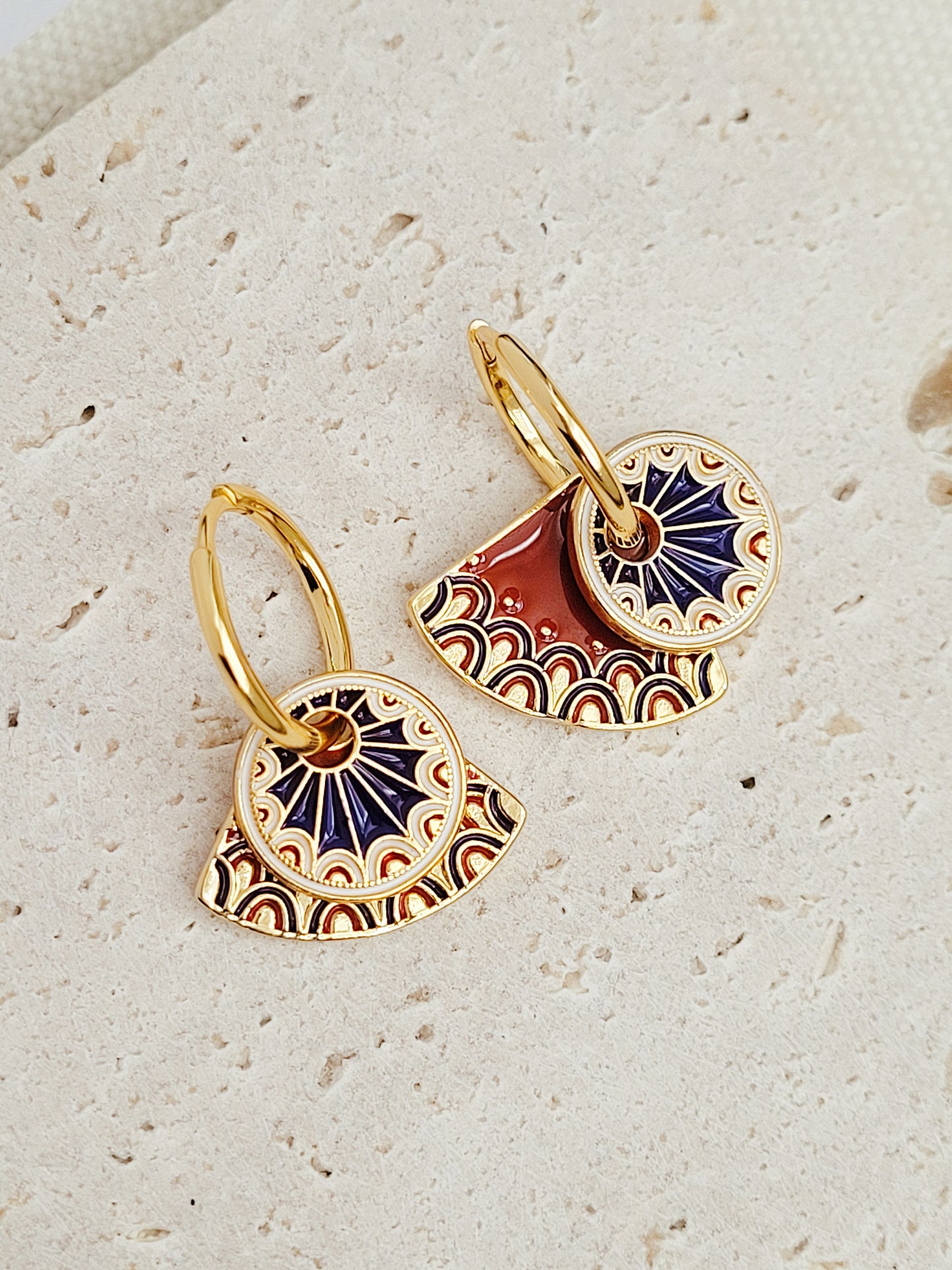 Enamel Tile Pattern Dangle Earrings | Retro Blue & Red Pattern