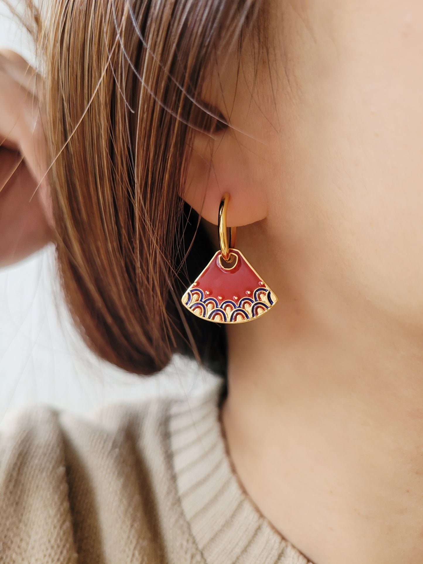 Enamel Tile Pattern Dangle Earrings | Retro Blue & Red Pattern