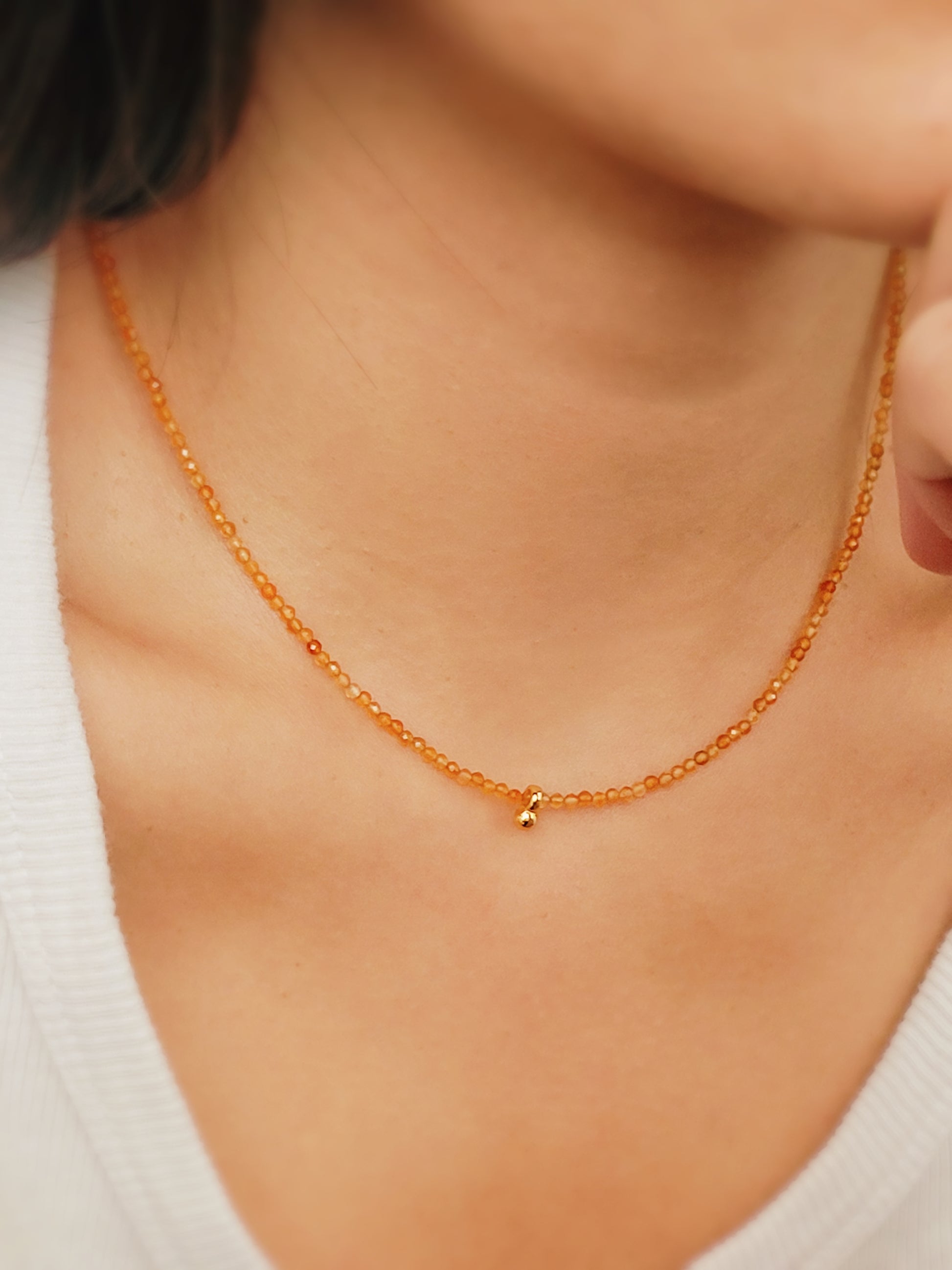 Dainty Orange Onyx Beaded Choker Necklace with a small gold charm, minimalist jewelry design. Valentines day gift for her.