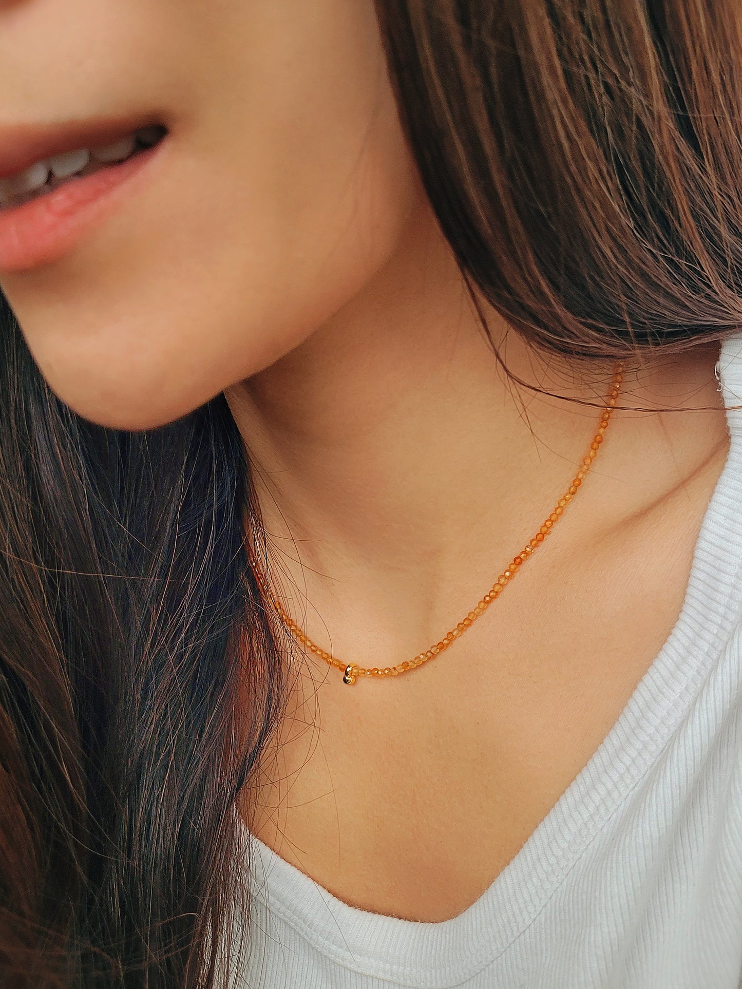 Dainty Orange Onyx Beaded Choker Necklace with a small gold charm, minimalist jewelry design. Valentines day gift for her.