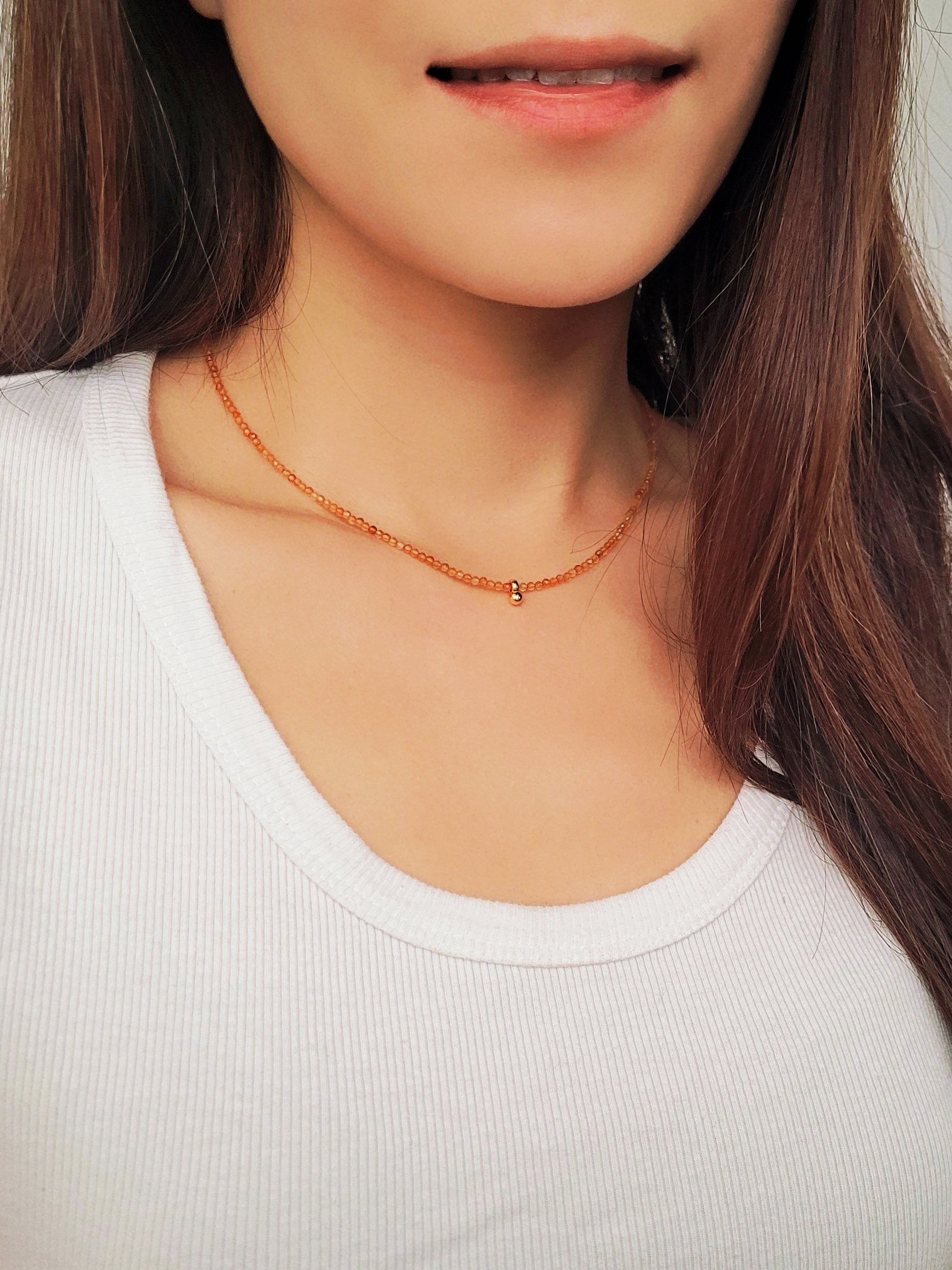 Dainty Orange Onyx Beaded Choker Necklace with a small gold charm, minimalist jewelry design. Valentines day gift for her.