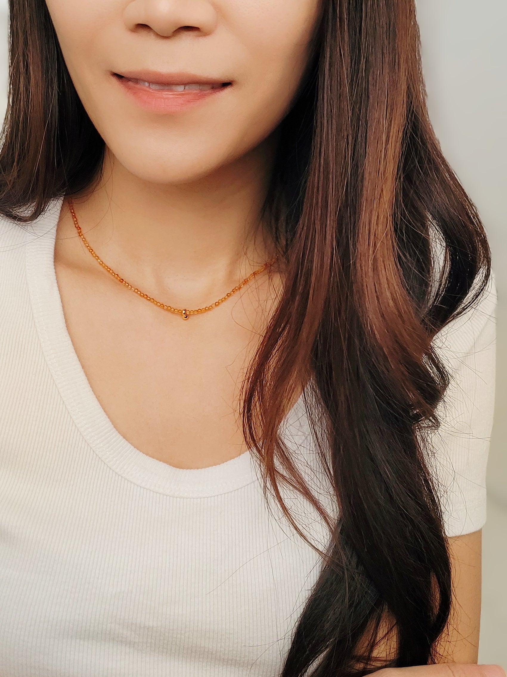 Dainty Orange Onyx Beaded Choker Necklace with a small gold charm, minimalist jewelry design. Valentines day gift for her.