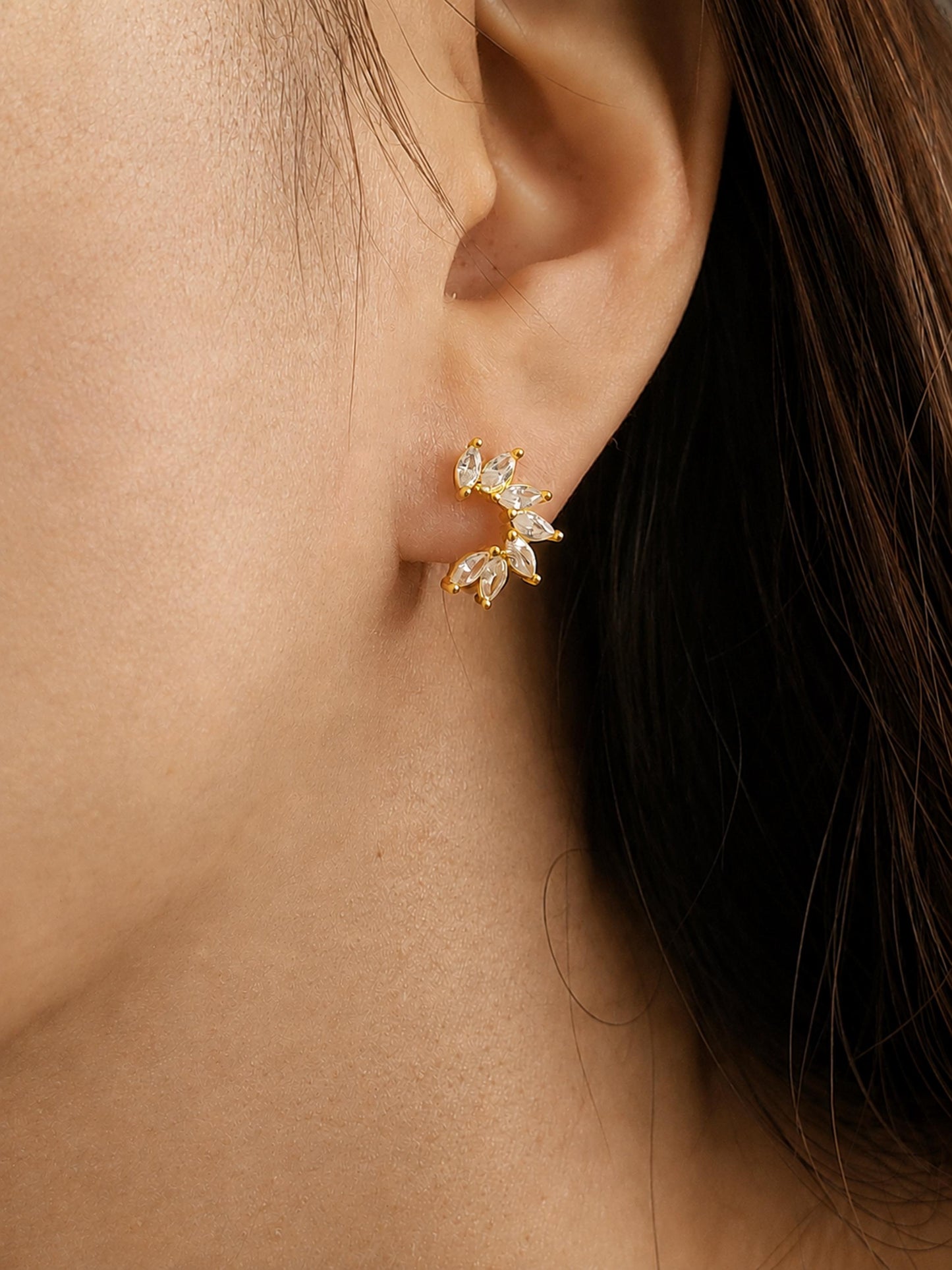 Petal marquise huggie earrings worn, floral crystal hoop earrings in gold vermeil, dainty bridal jewellery