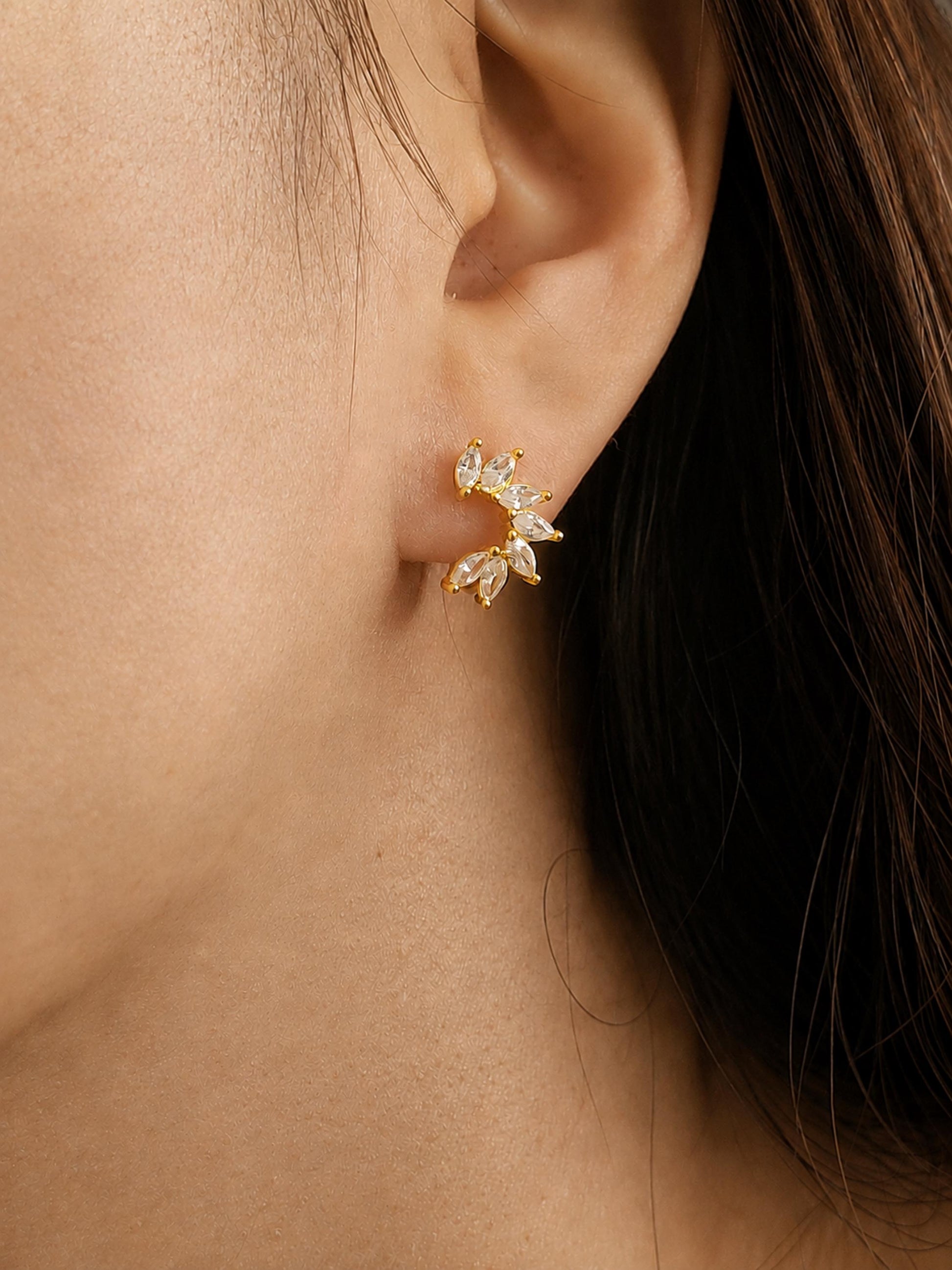 Petal marquise huggie earrings worn, floral crystal hoop earrings in gold vermeil, dainty bridal jewellery