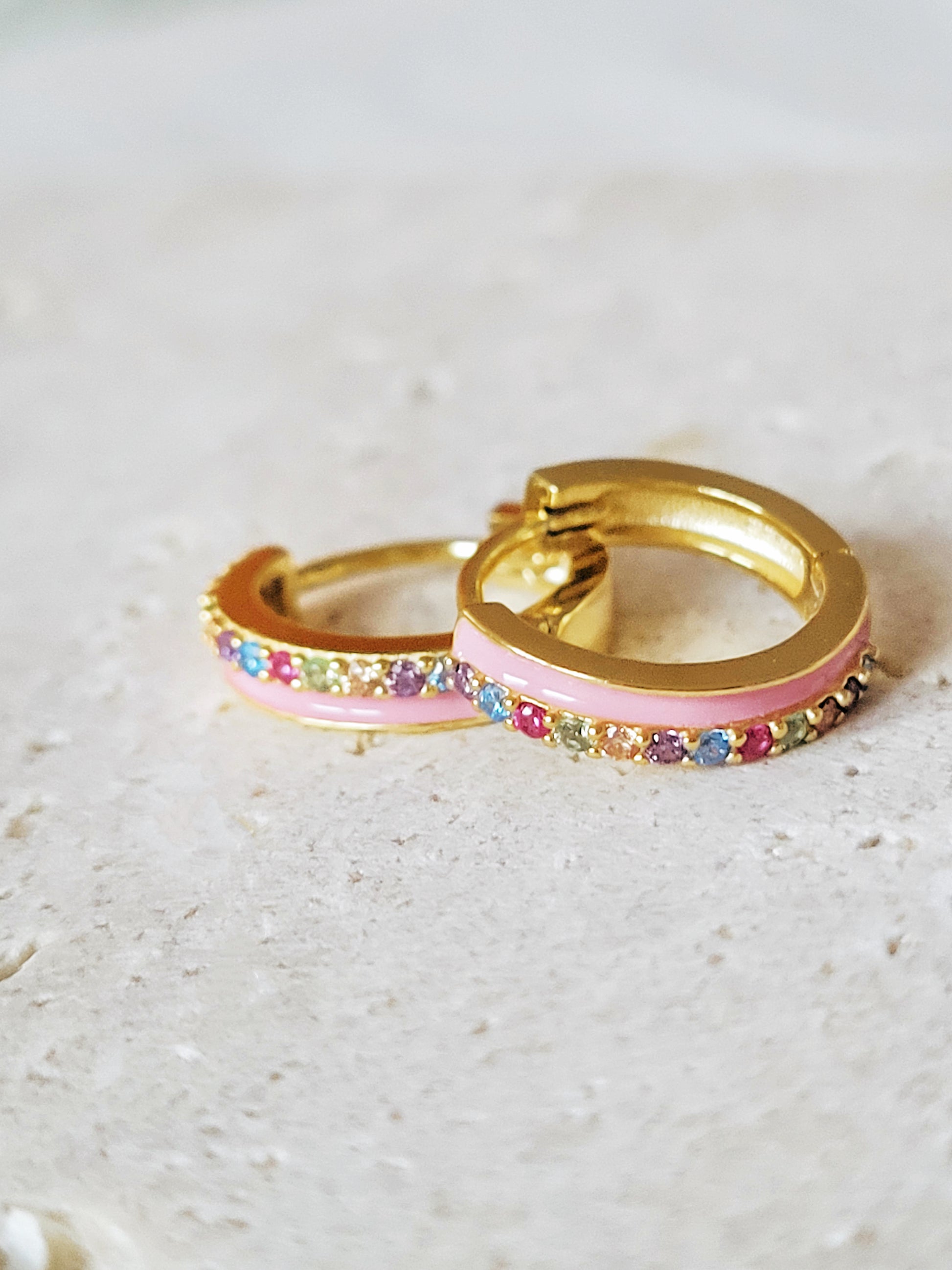 Unique boho chic pink enamel hoop earrings with multicolor zircons, perfect for a bold statement style.