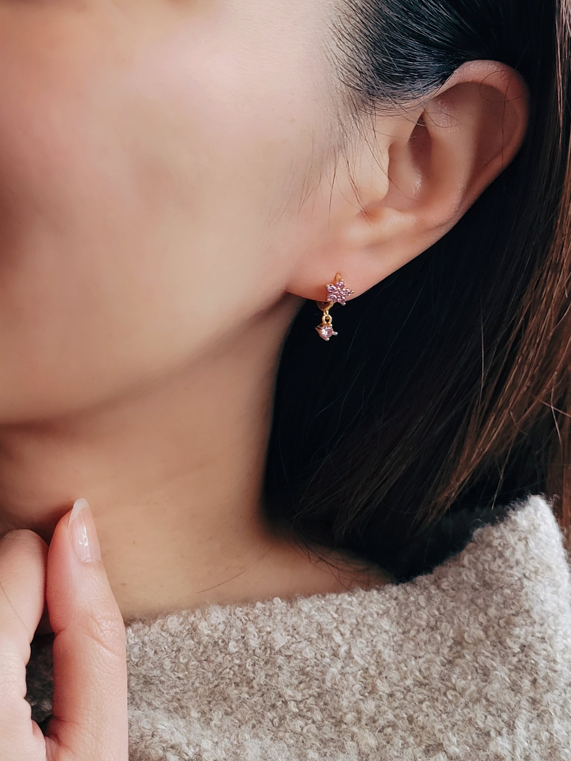 Elegant gold-plated huggie hoop earrings featuring purple flowers and delicate dangling charm, crafted in 18k gold plated sterling silver. Best valentines day gift for her.